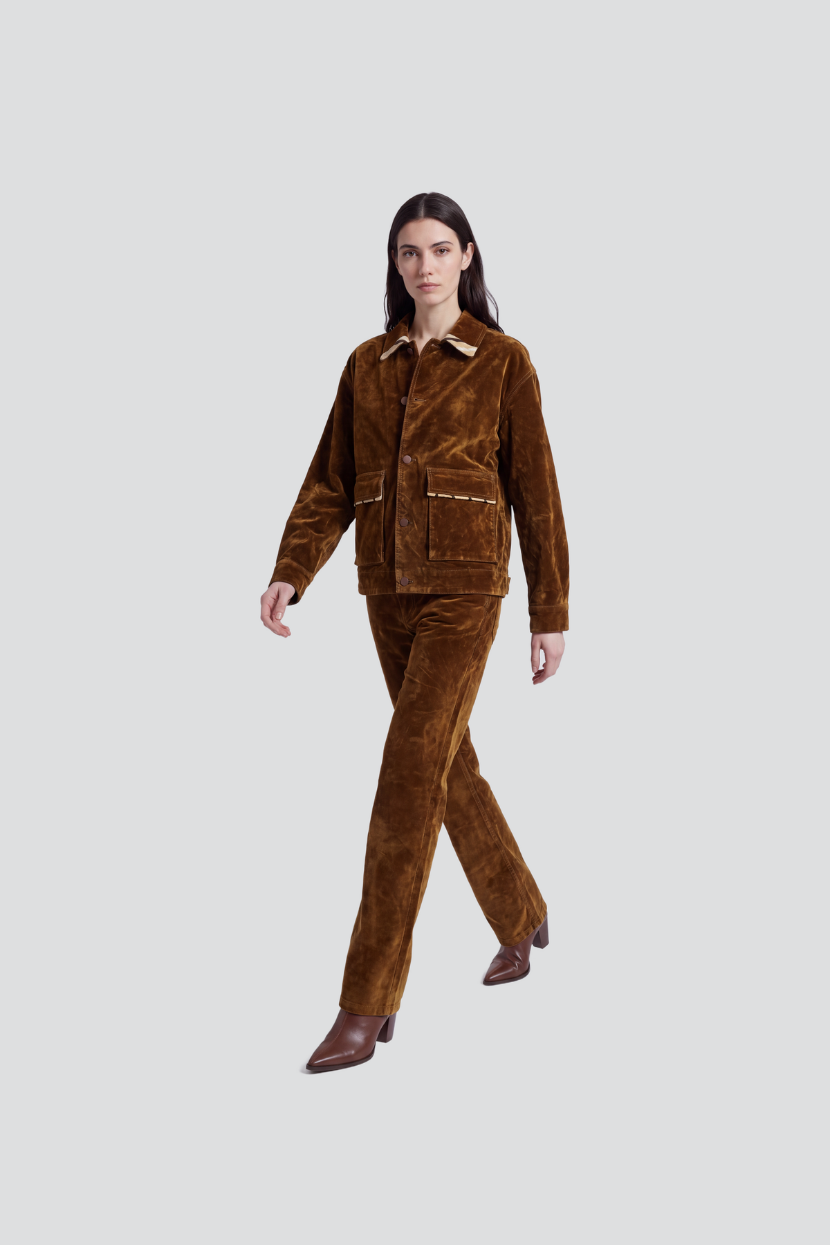 Kutnu Yaka Detaylı Oversize Süet Denim Ceket