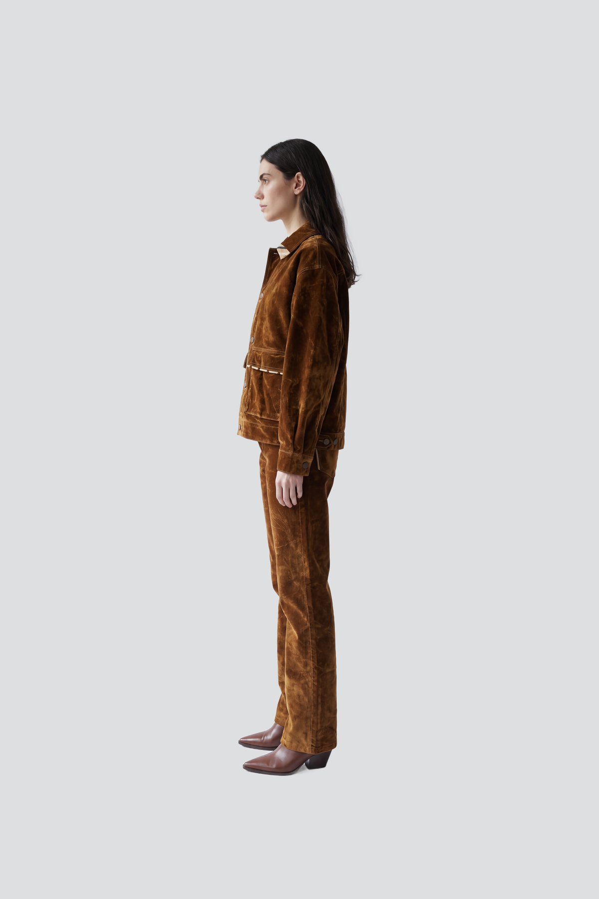 Kutnu Yaka Detaylı Oversize Süet Denim Ceket