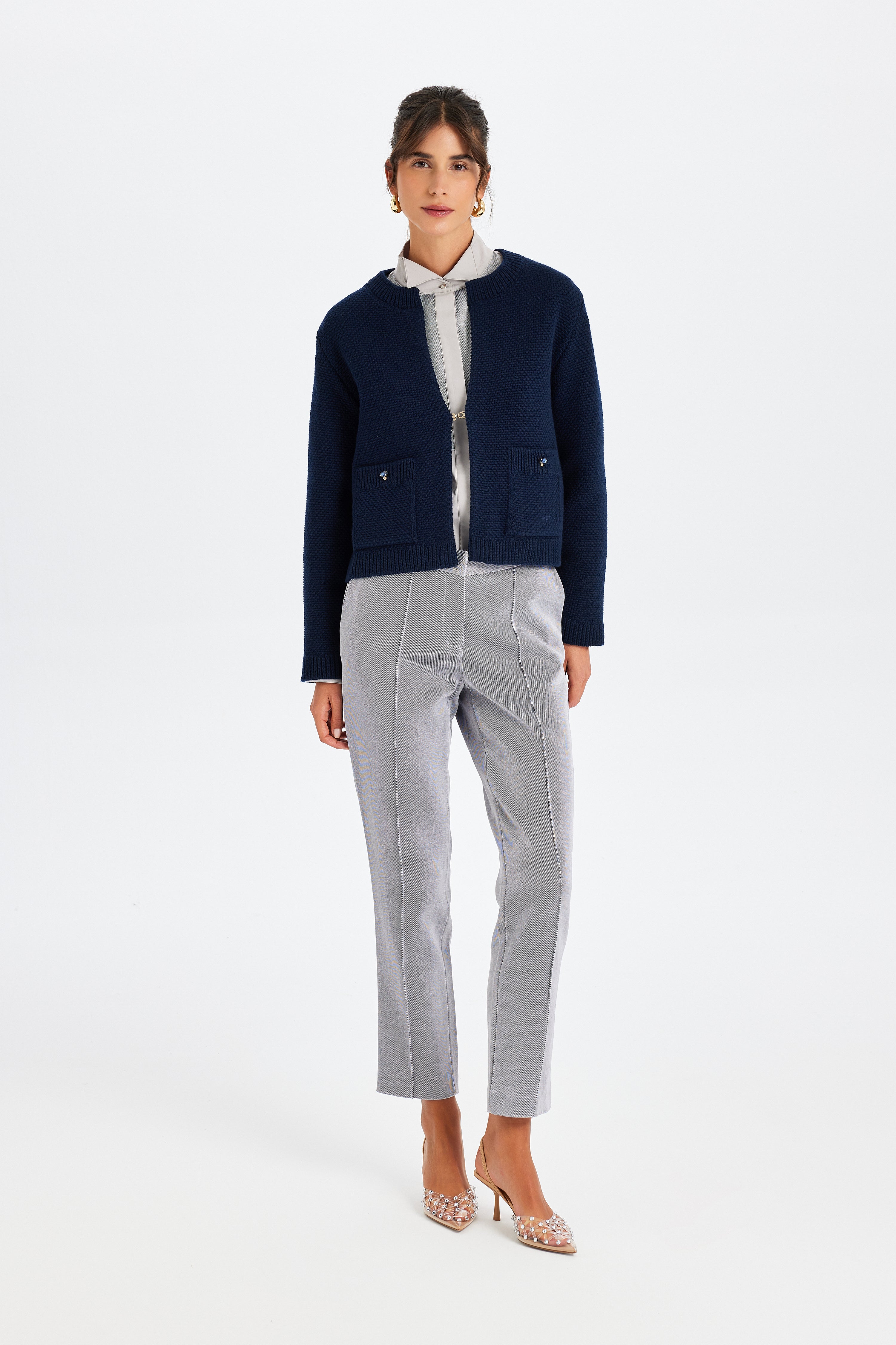 Navy Blue Knitted Jacket with Stone Embellishments