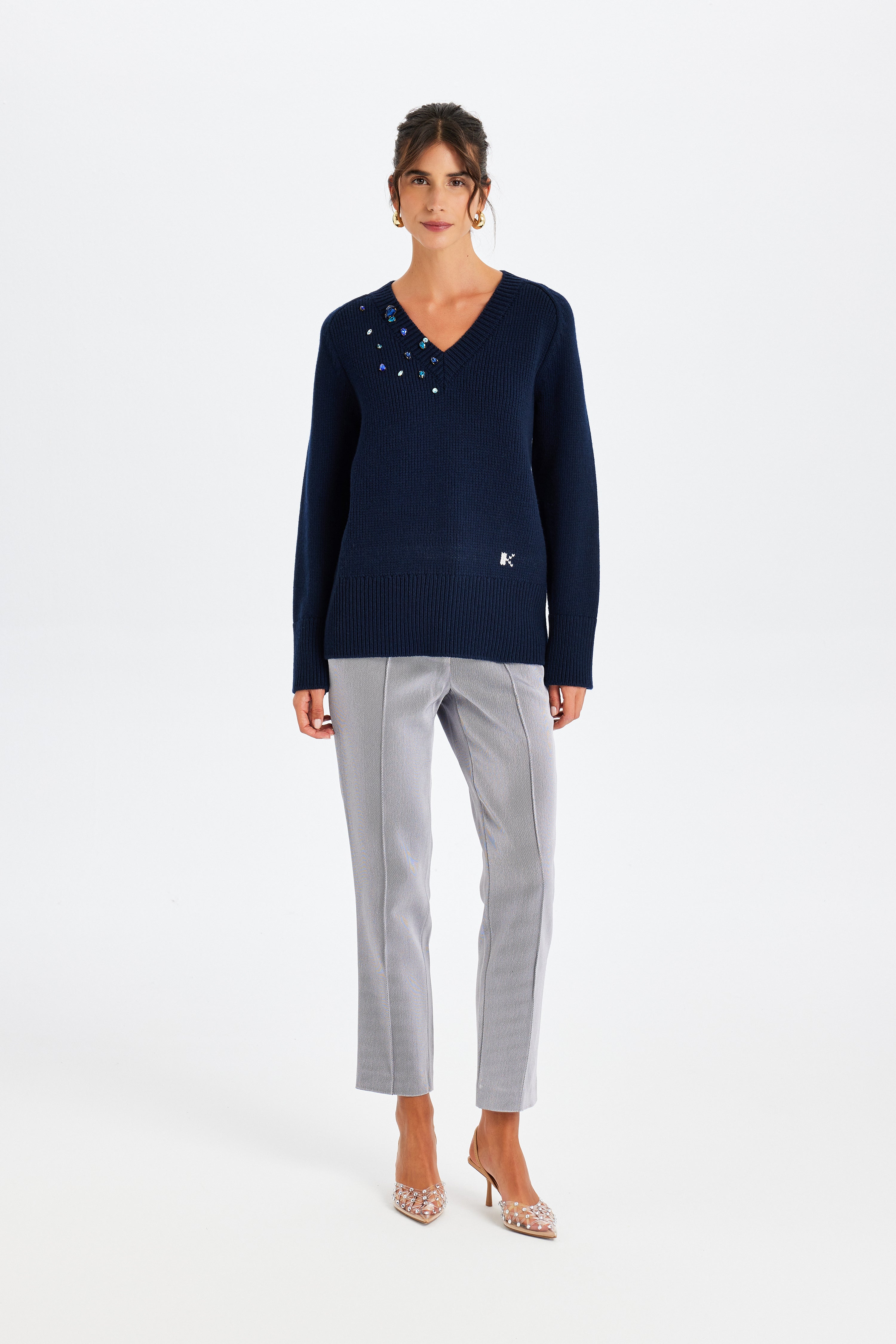 Stone Embellished Navy Sweater