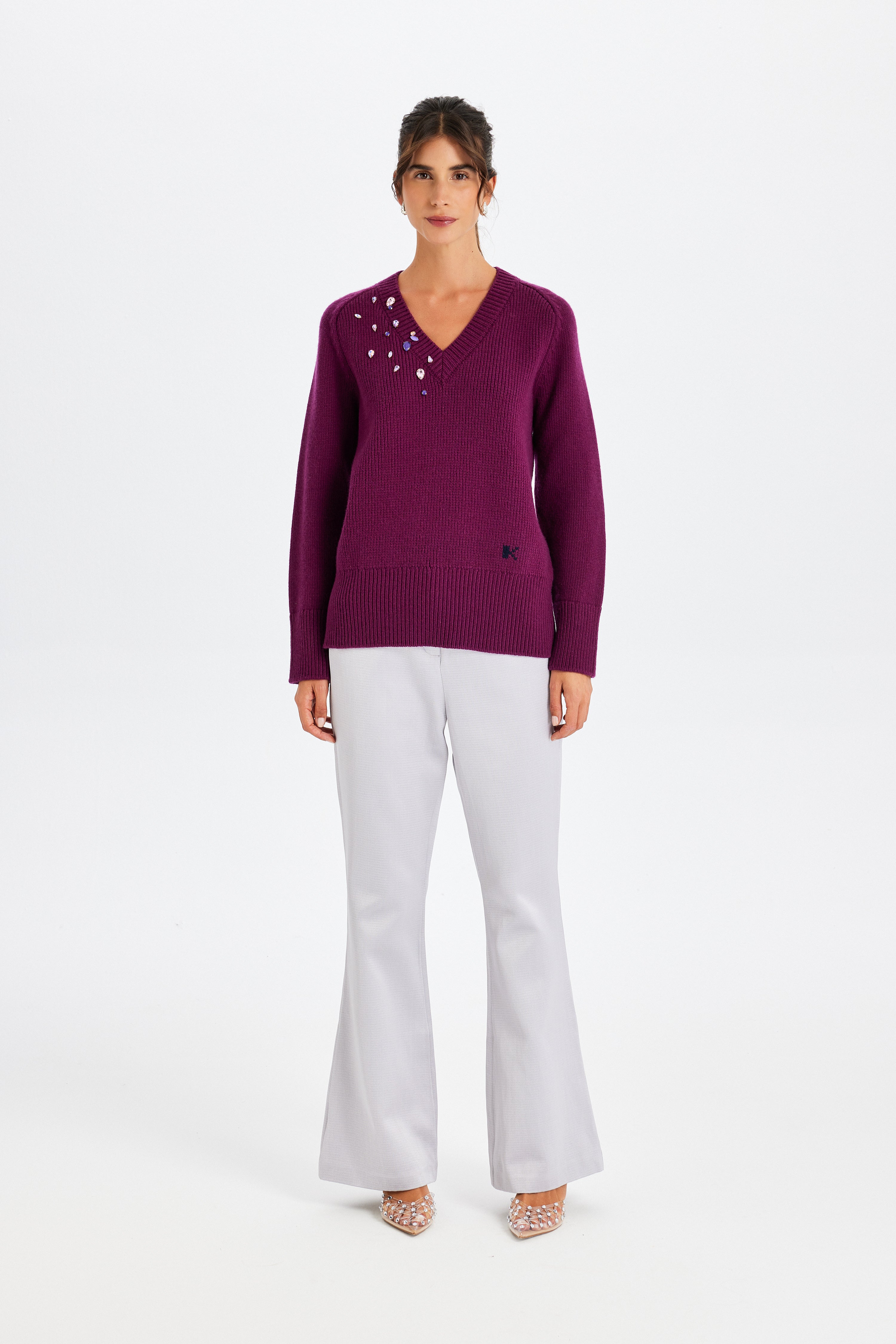 Stone Embellished Burgundy Sweater
