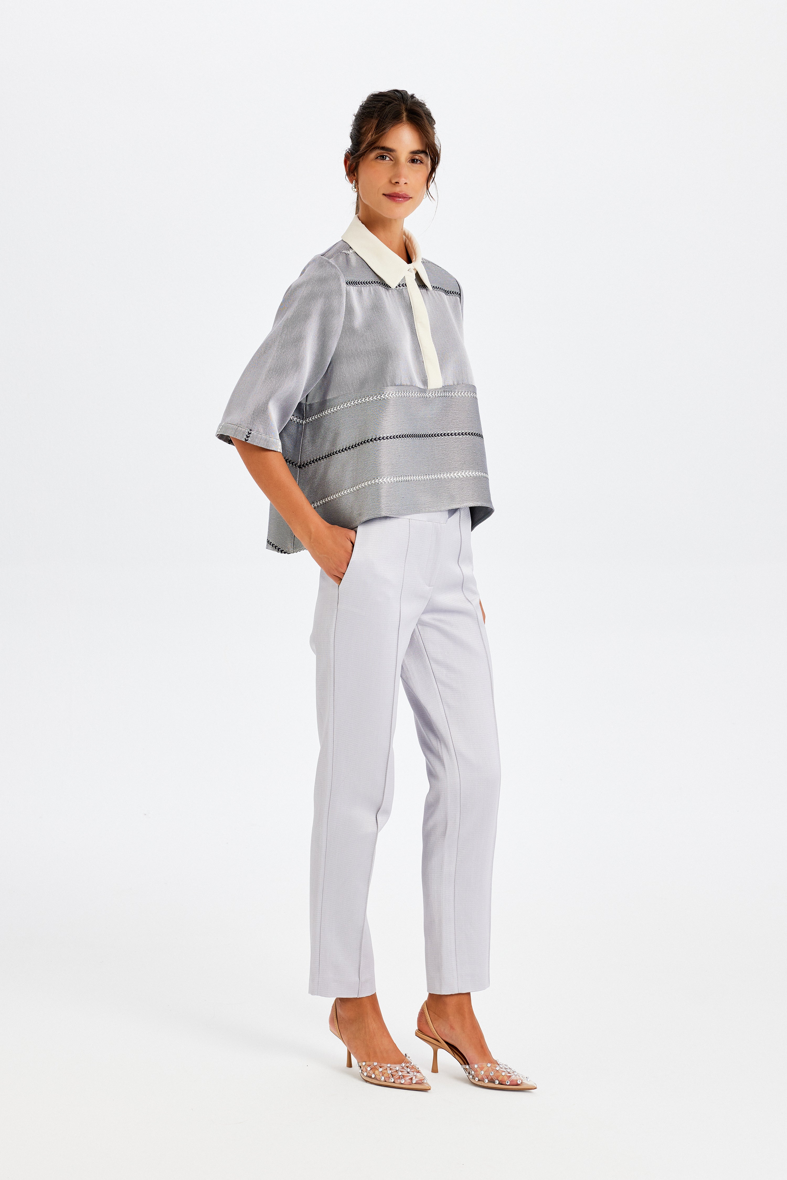 Grey Kutnu Blouse with Velvet Details and Polo Collar