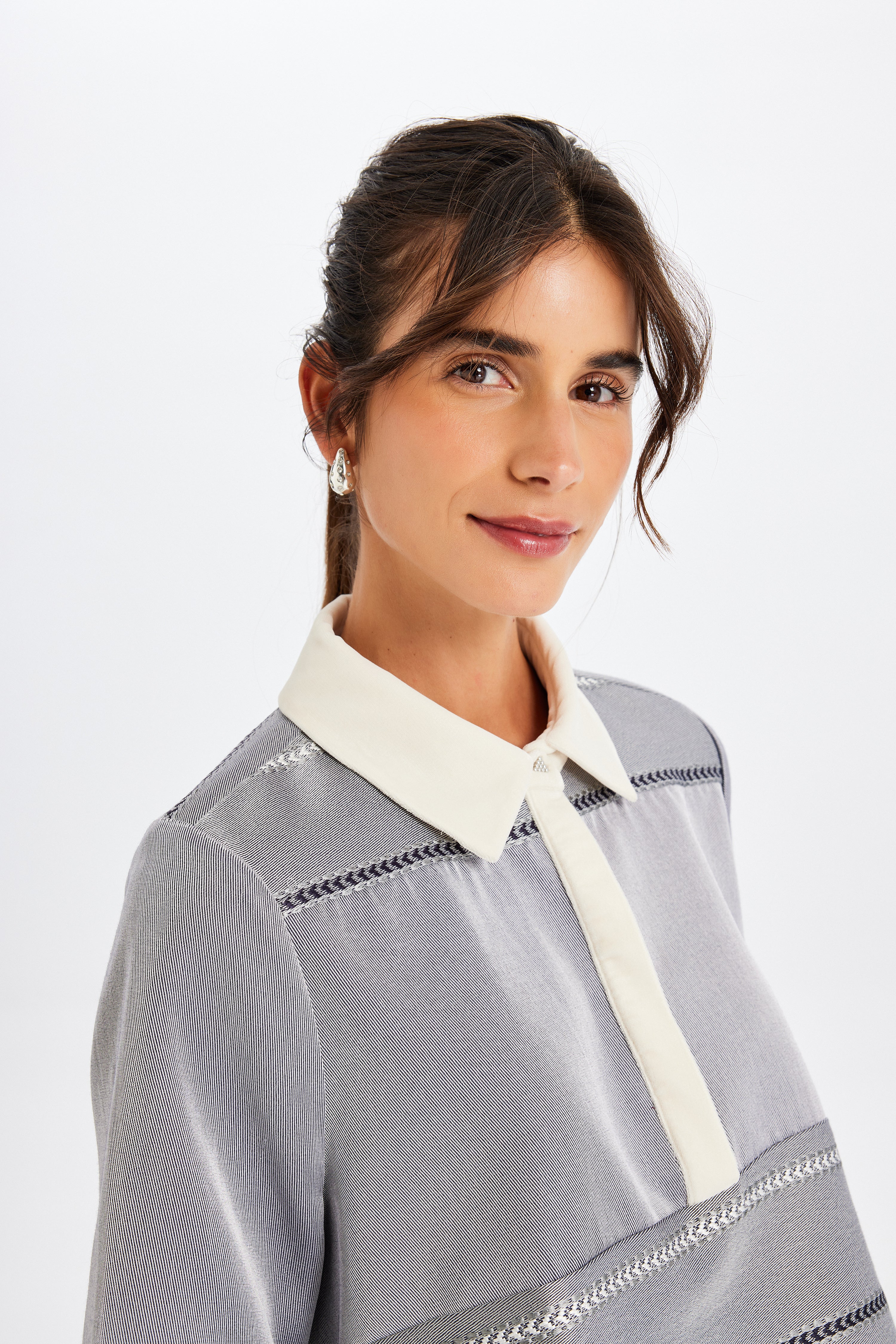 Grey Kutnu Blouse with Velvet Details and Polo Collar