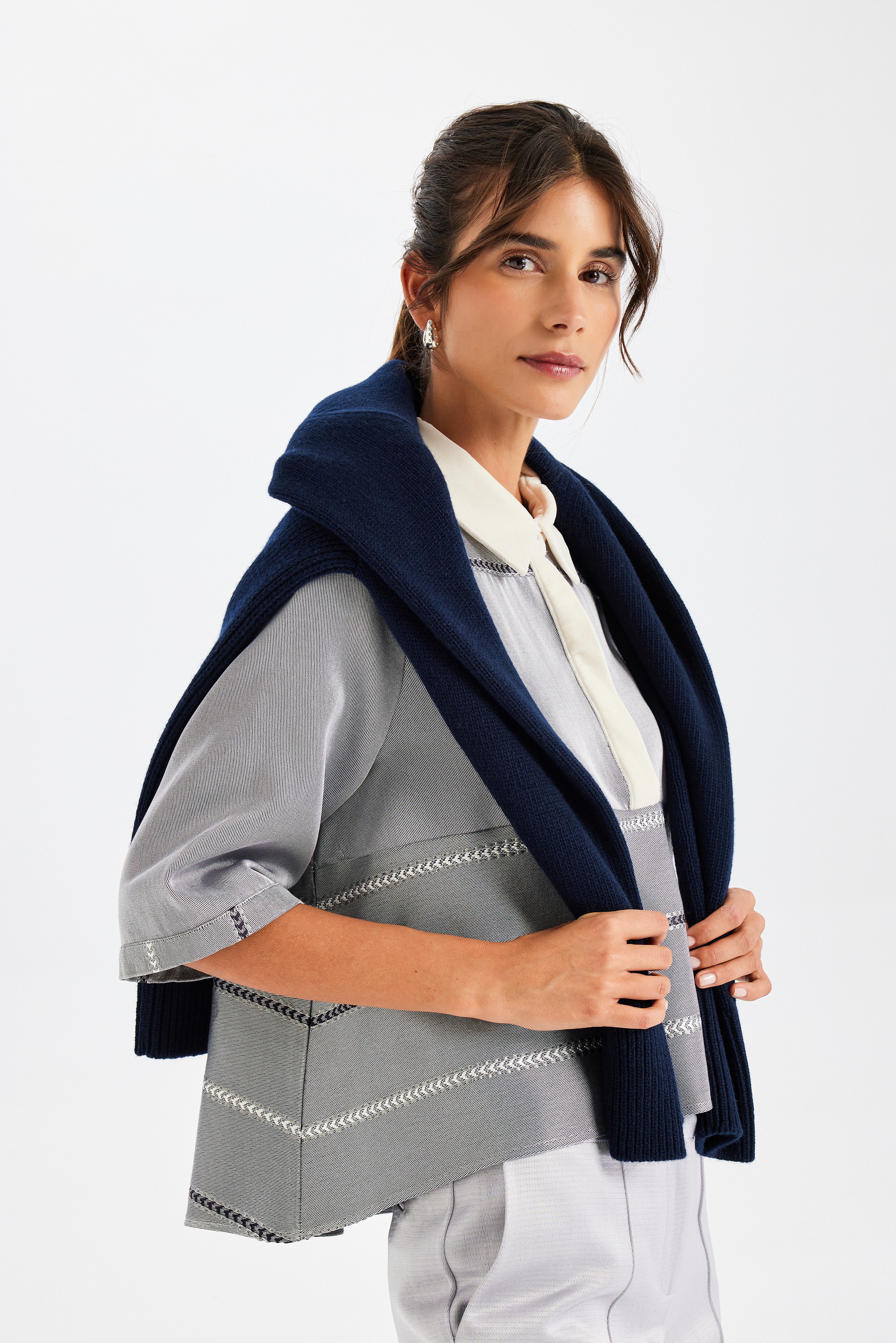 Grey Kutnu Blouse with Velvet Details and Polo Collar