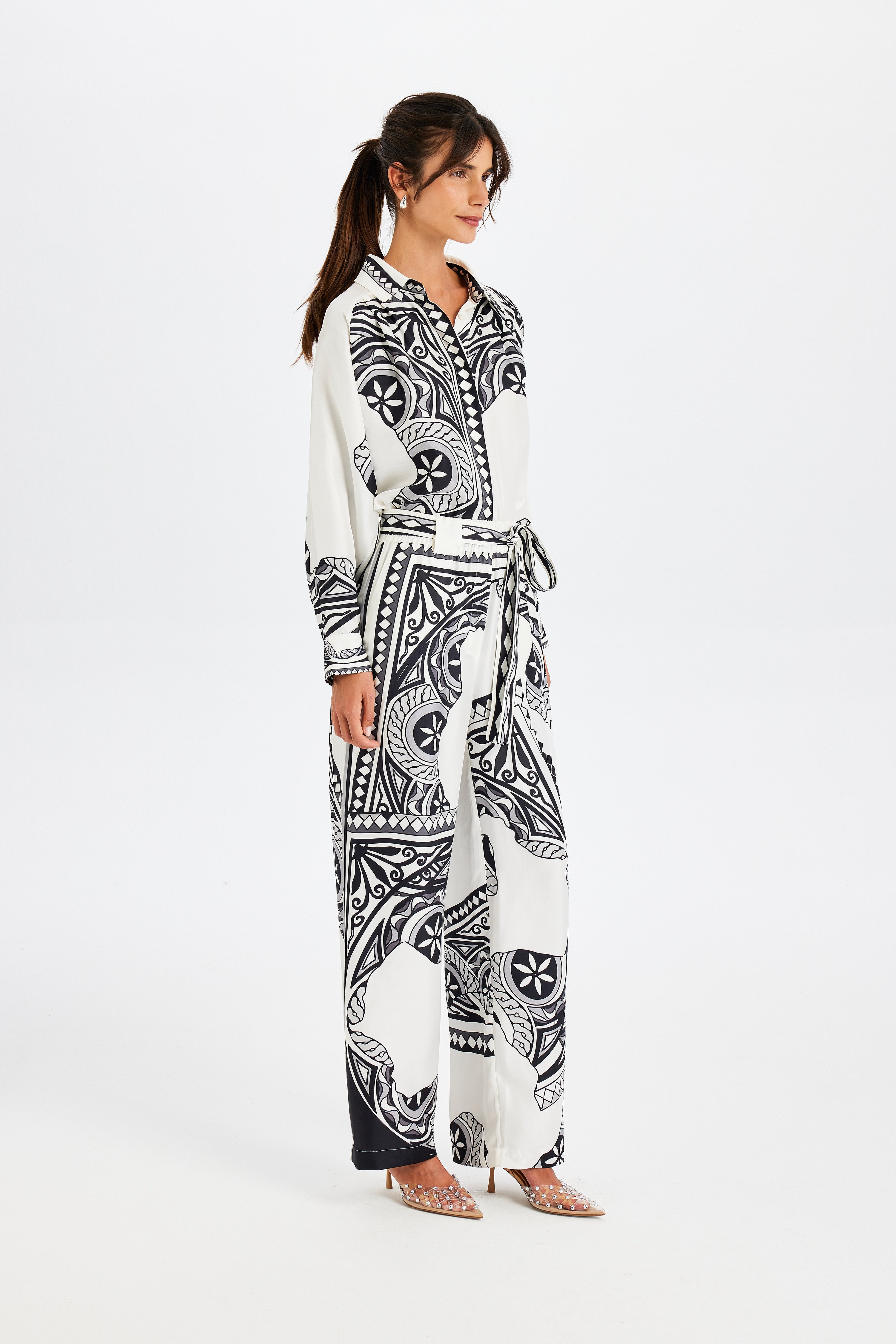 Zeugma Belted Black and White Silk Trousers