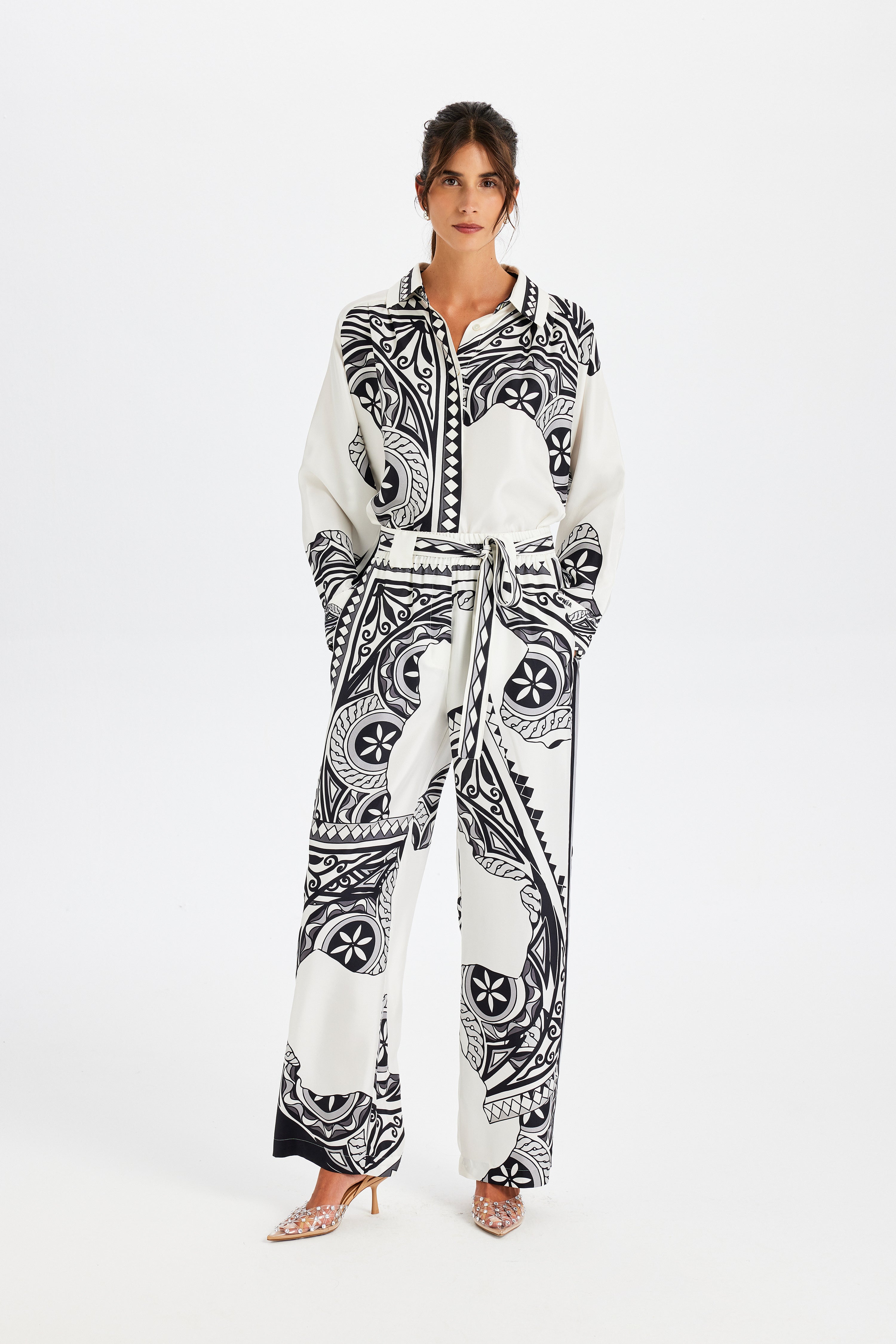 Zeugma Belted Black and White Silk Trousers