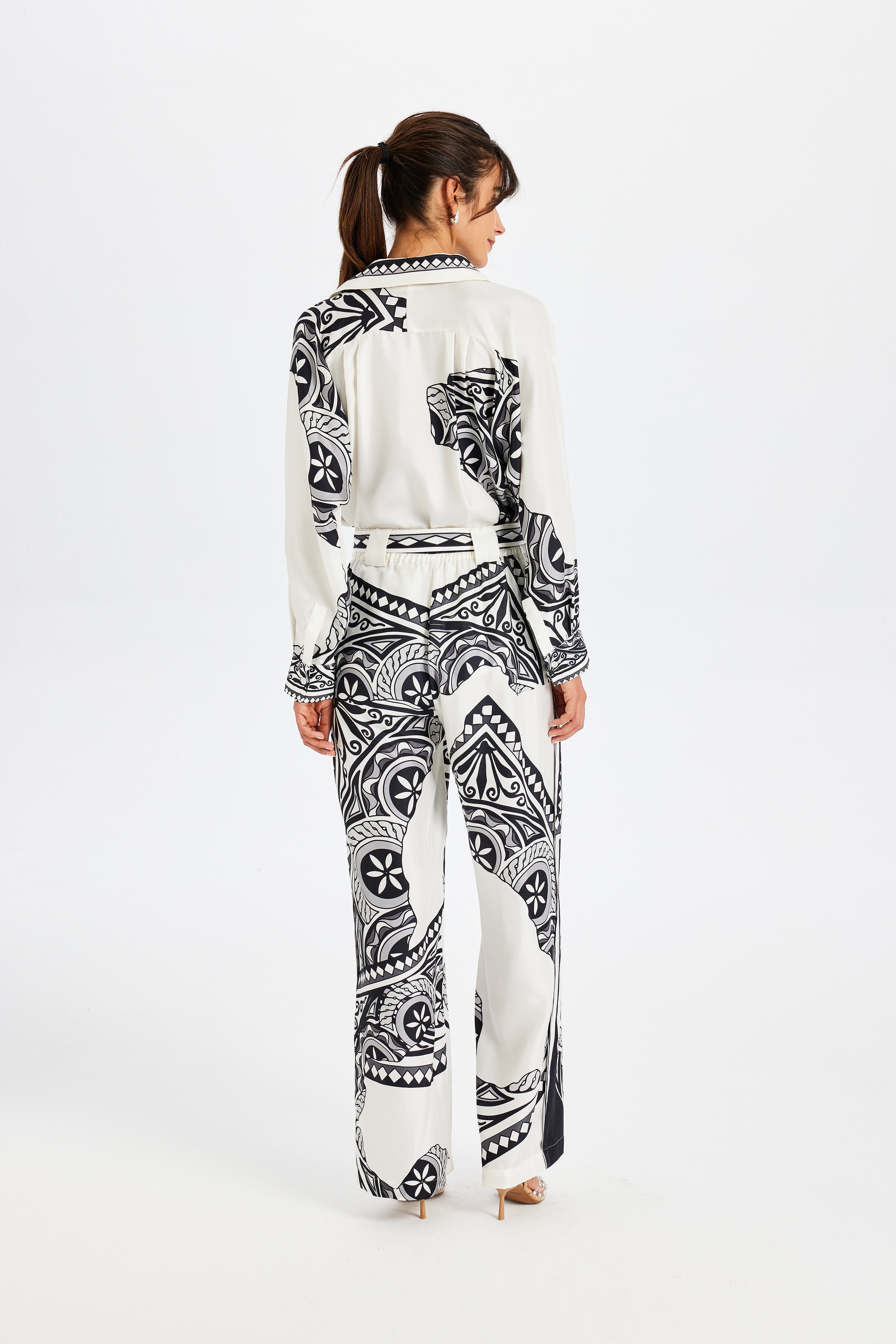 Zeugma Belted Black and White Silk Trousers