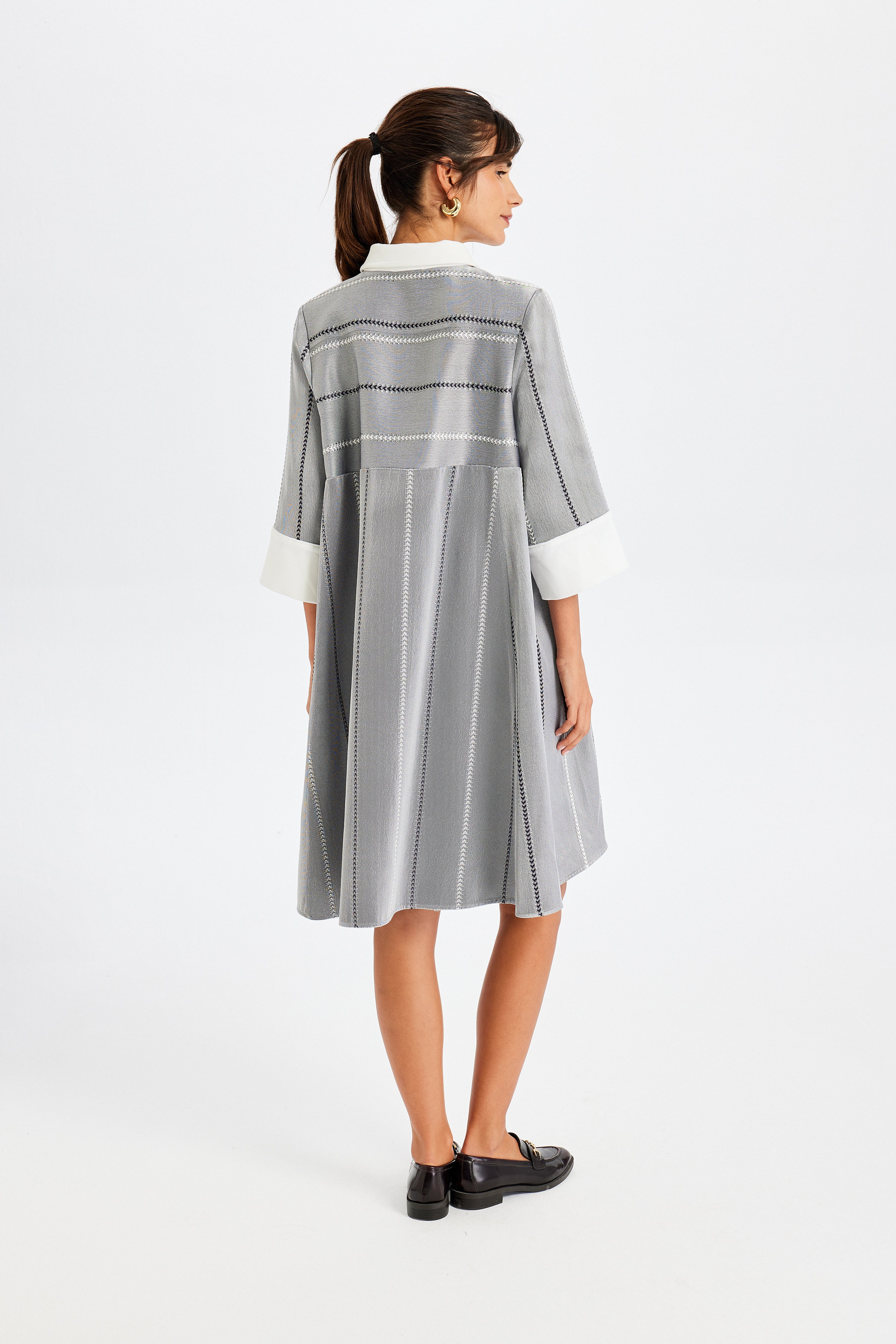 Velvet Detail Polo Collar Kutnu Grey Dress