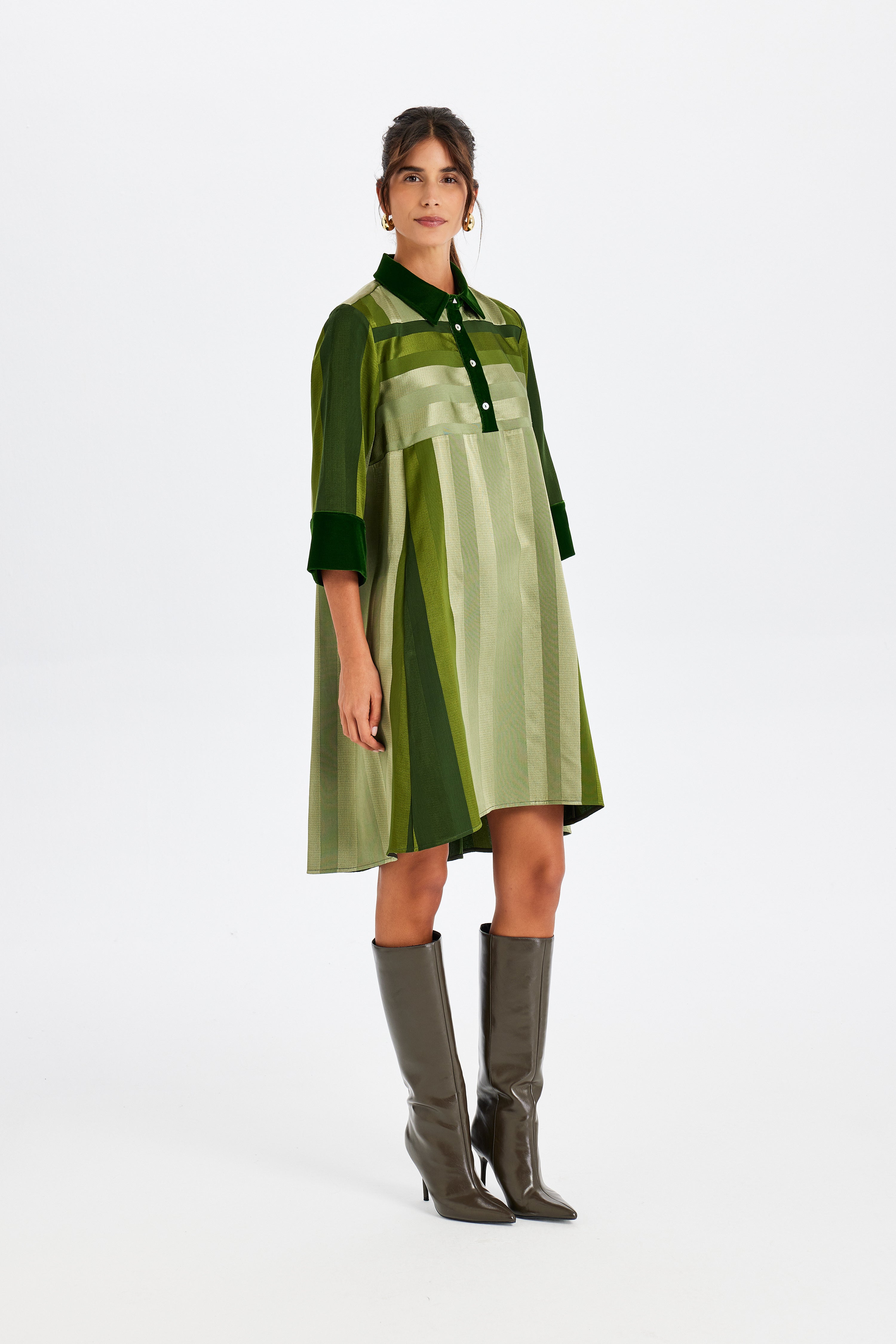 Green Polo Collar Dress with Velvet Details
