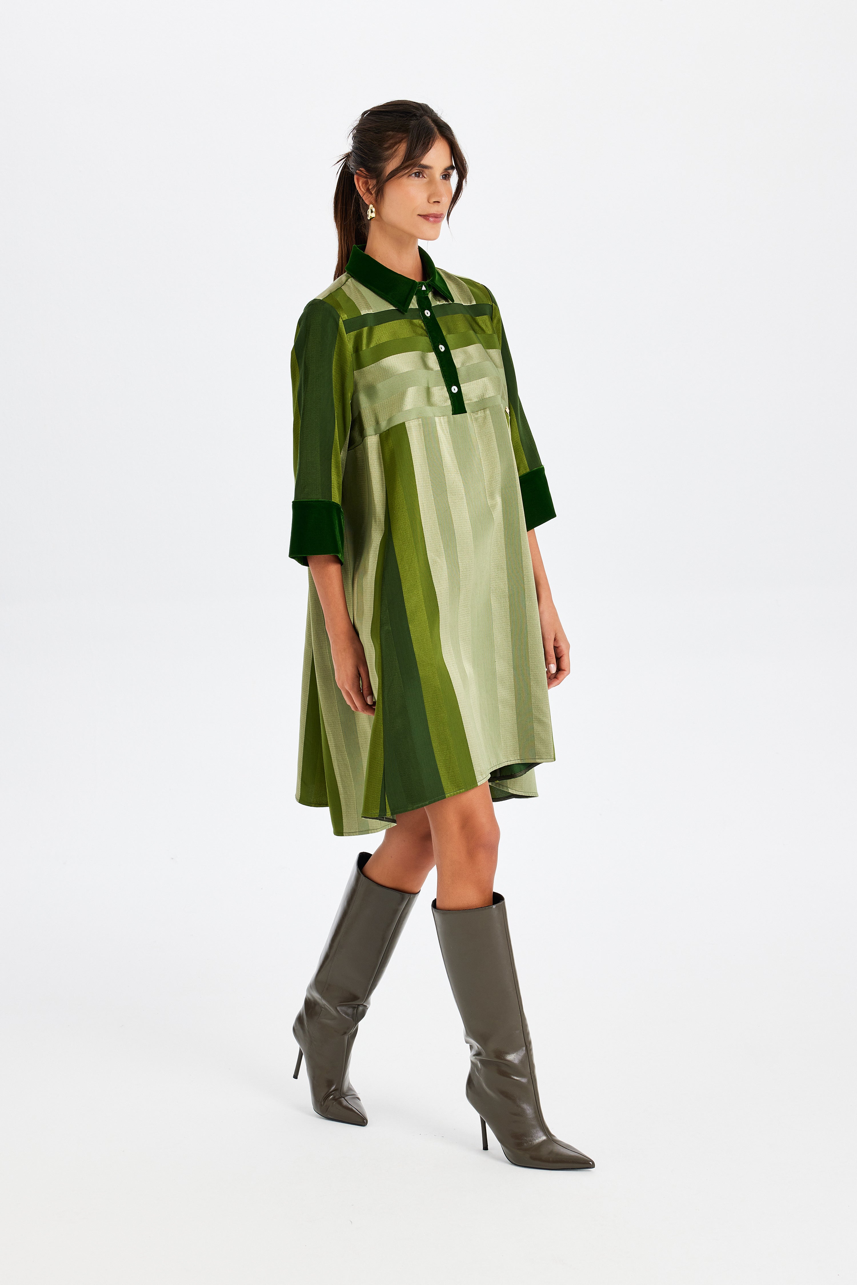 Green Polo Collar Dress with Velvet Details