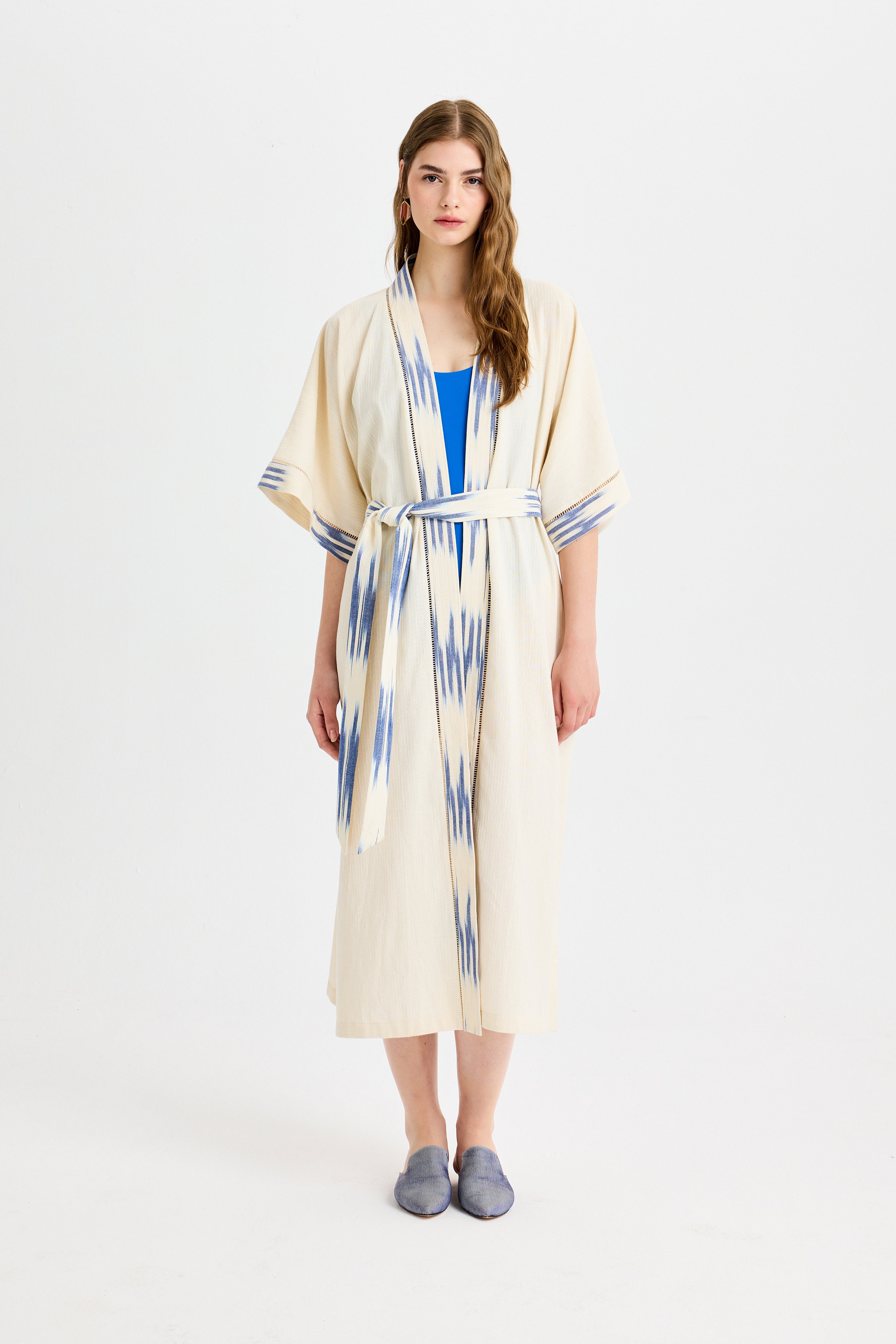Blue Ikat Detailed Long Peshtemal Kimono