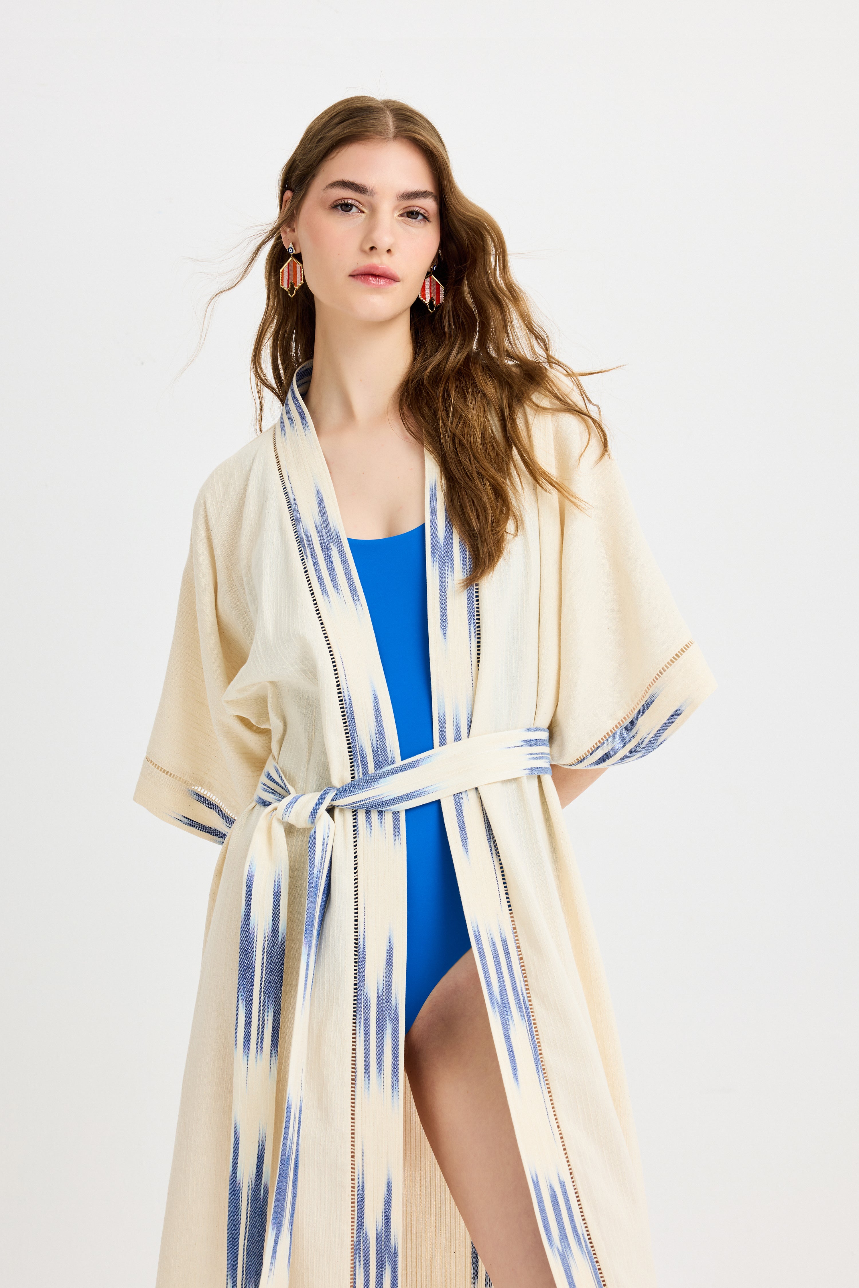 Mavi Bağlama Detaylı Uzun Peştemal Kimono