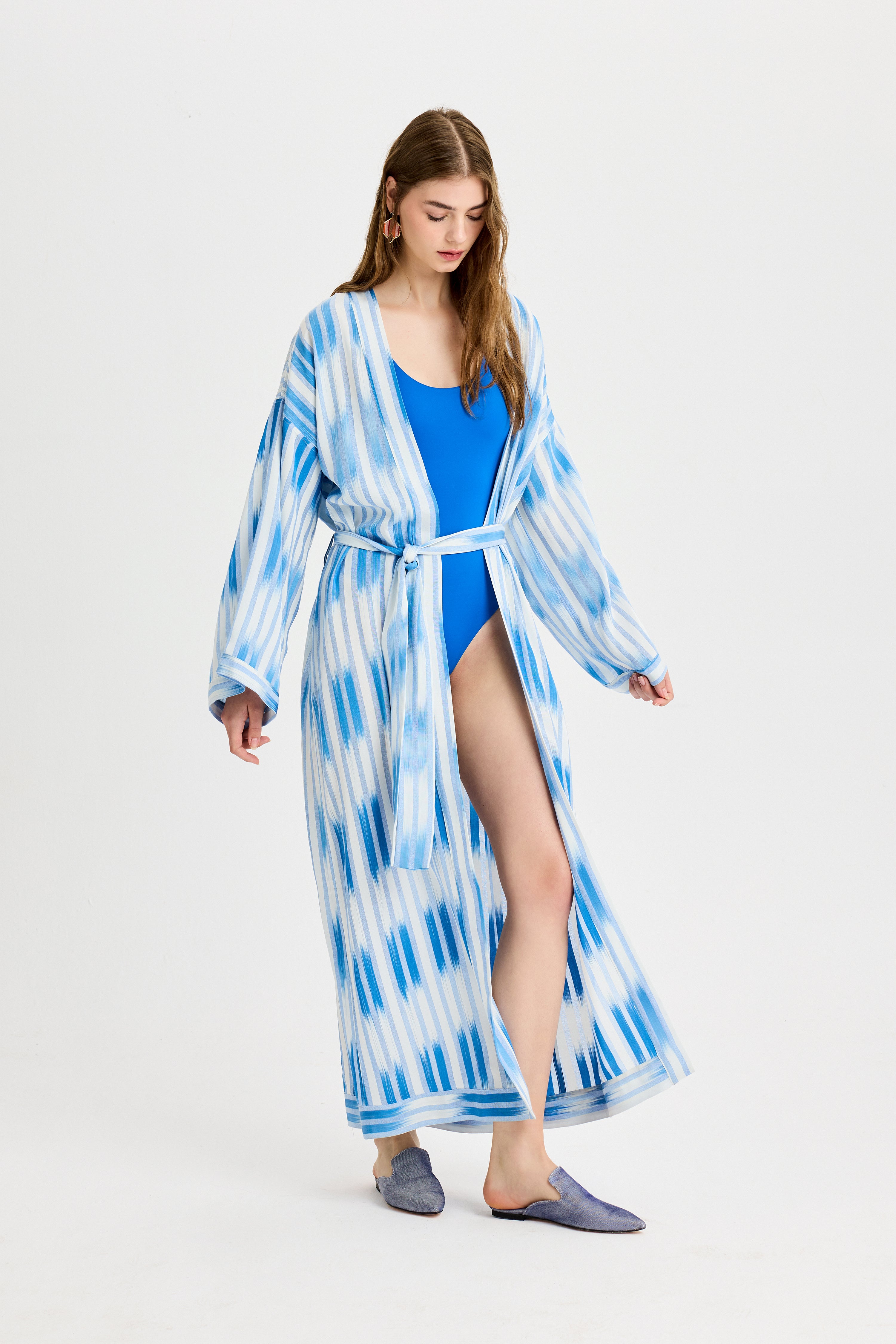 Mavi Bağlama Detaylı Kutnu Kimono