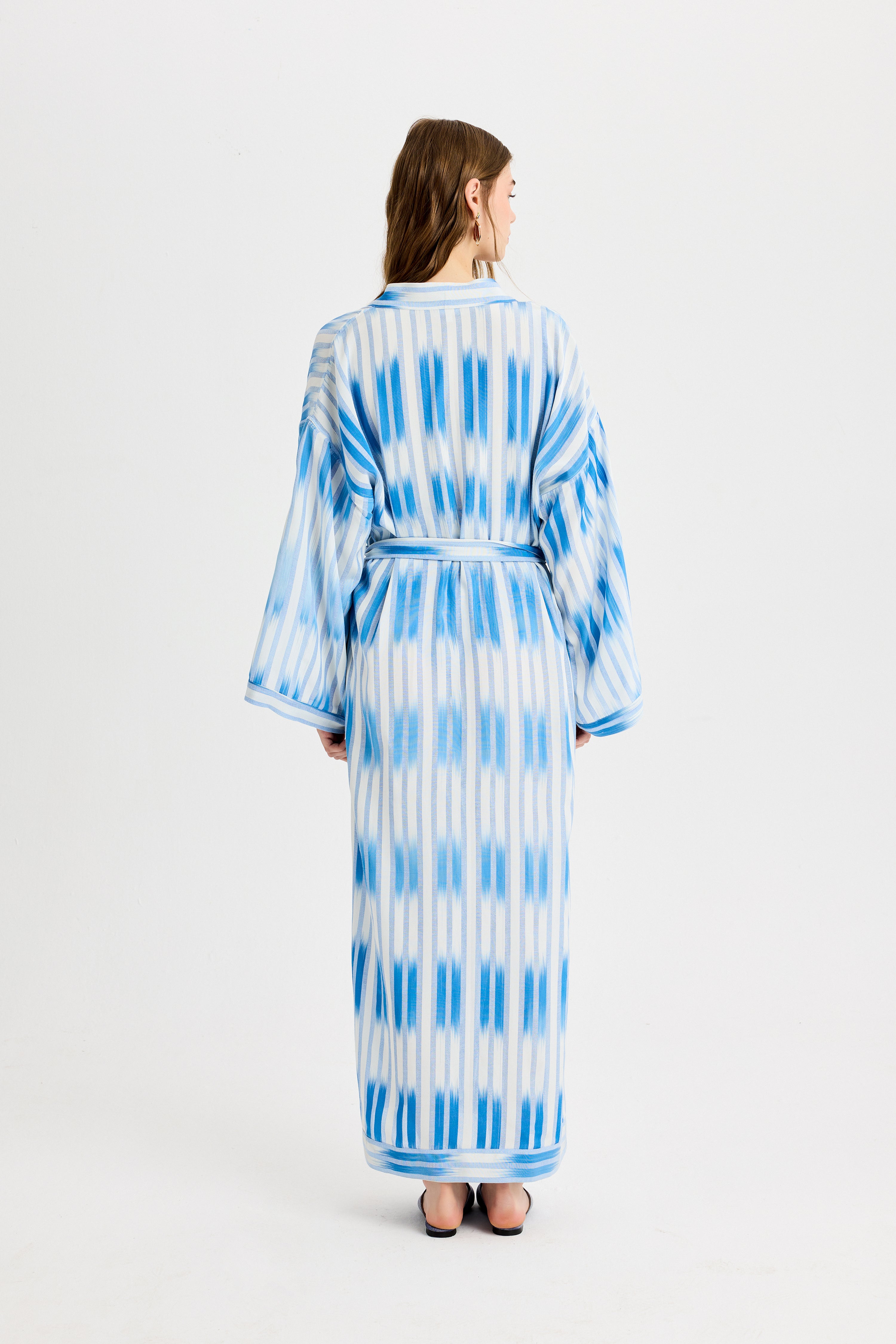 Mavi Bağlama Detaylı Kutnu Kimono