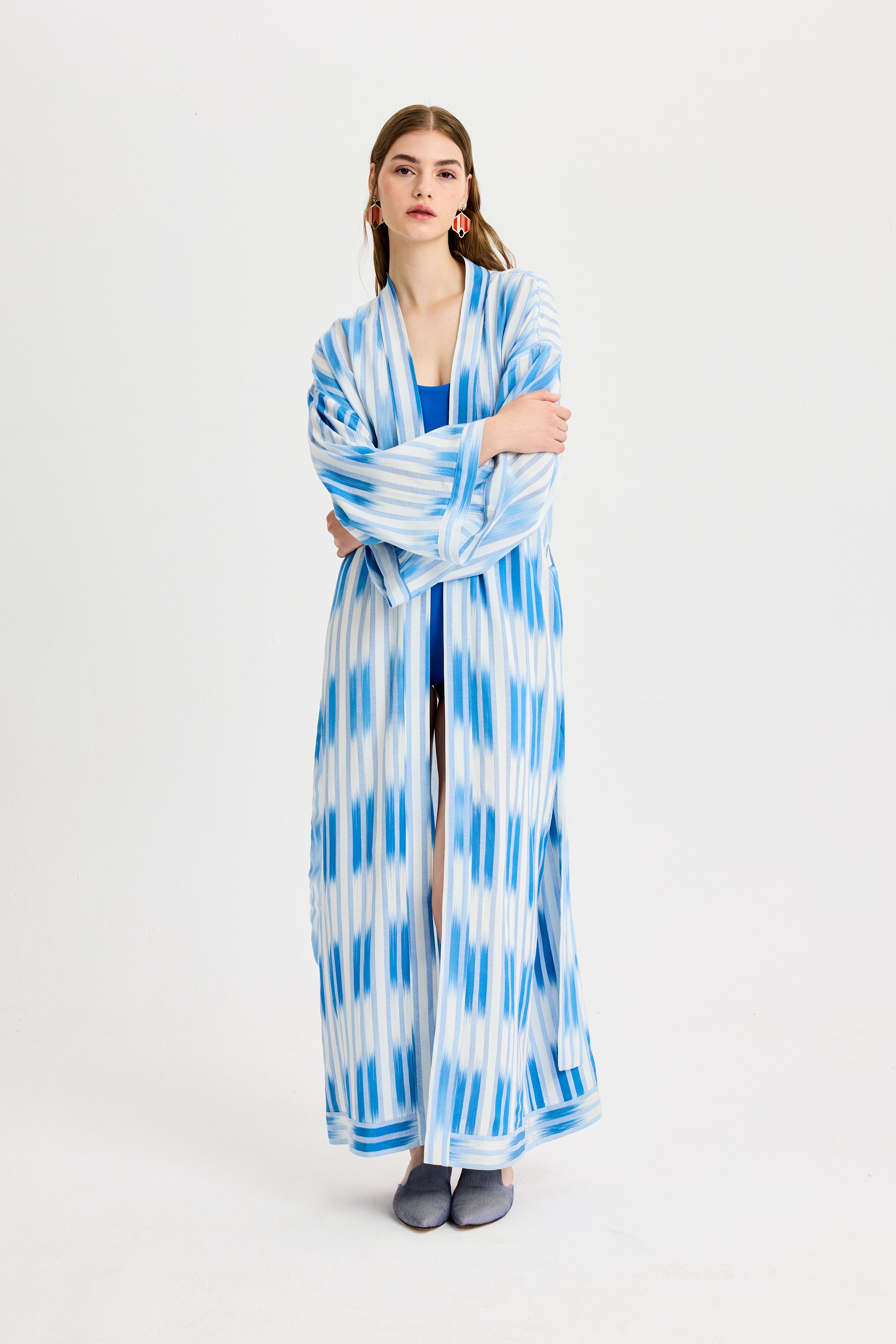 Mavi Bağlama Detaylı Kutnu Kimono