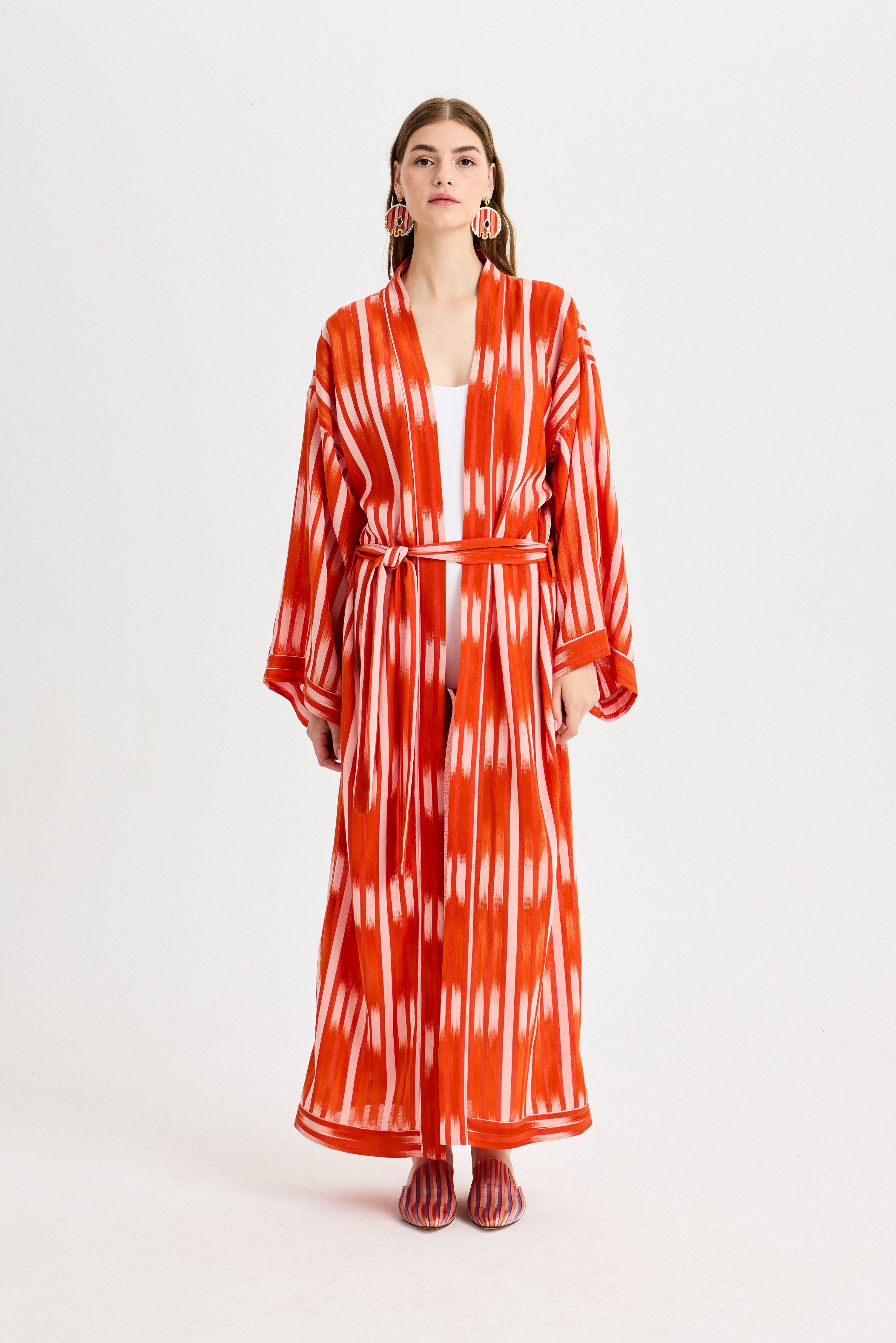 Turuncu Bağlama Detaylı Kutnu Kimono