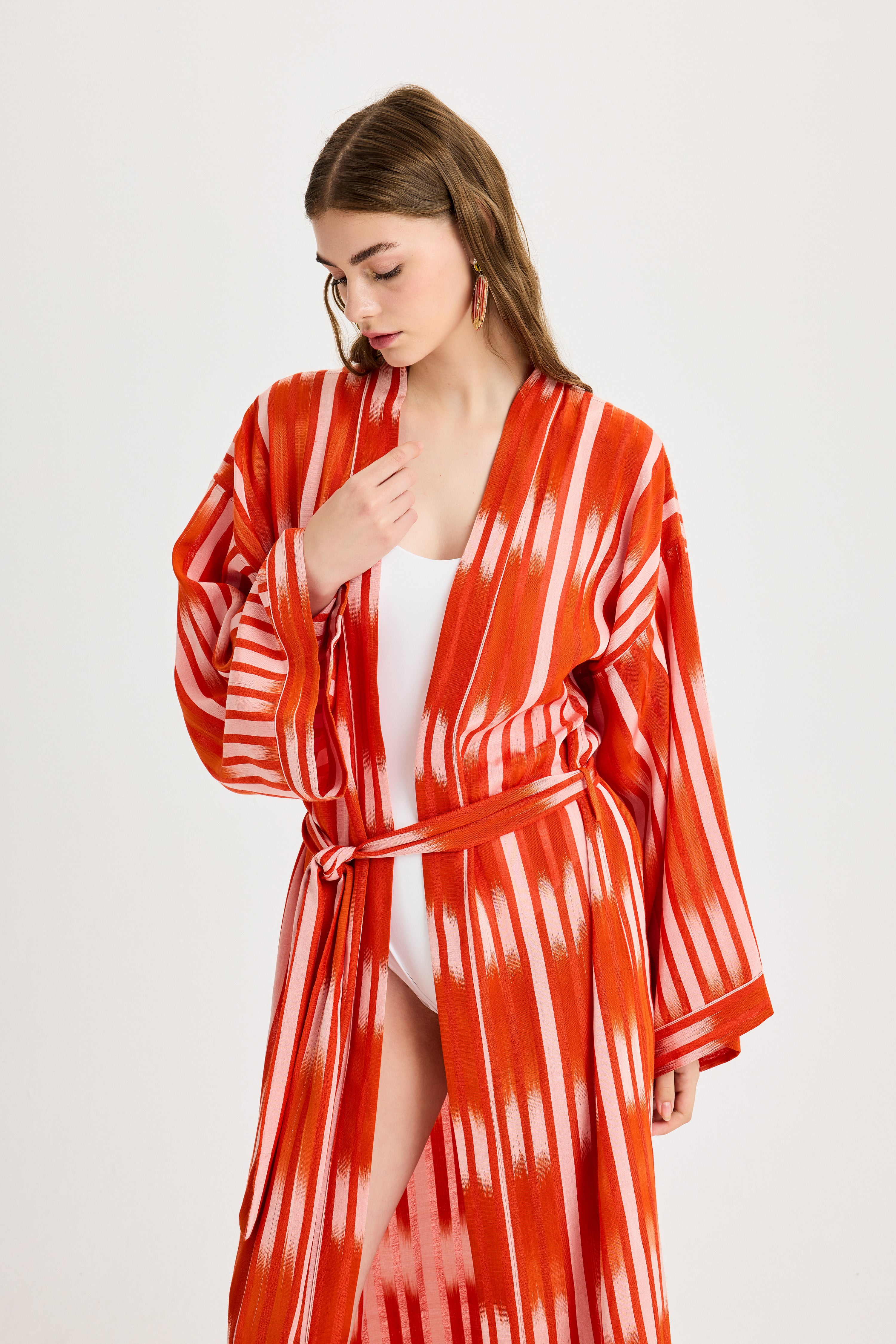 Turuncu Bağlama Detaylı Kutnu Kimono