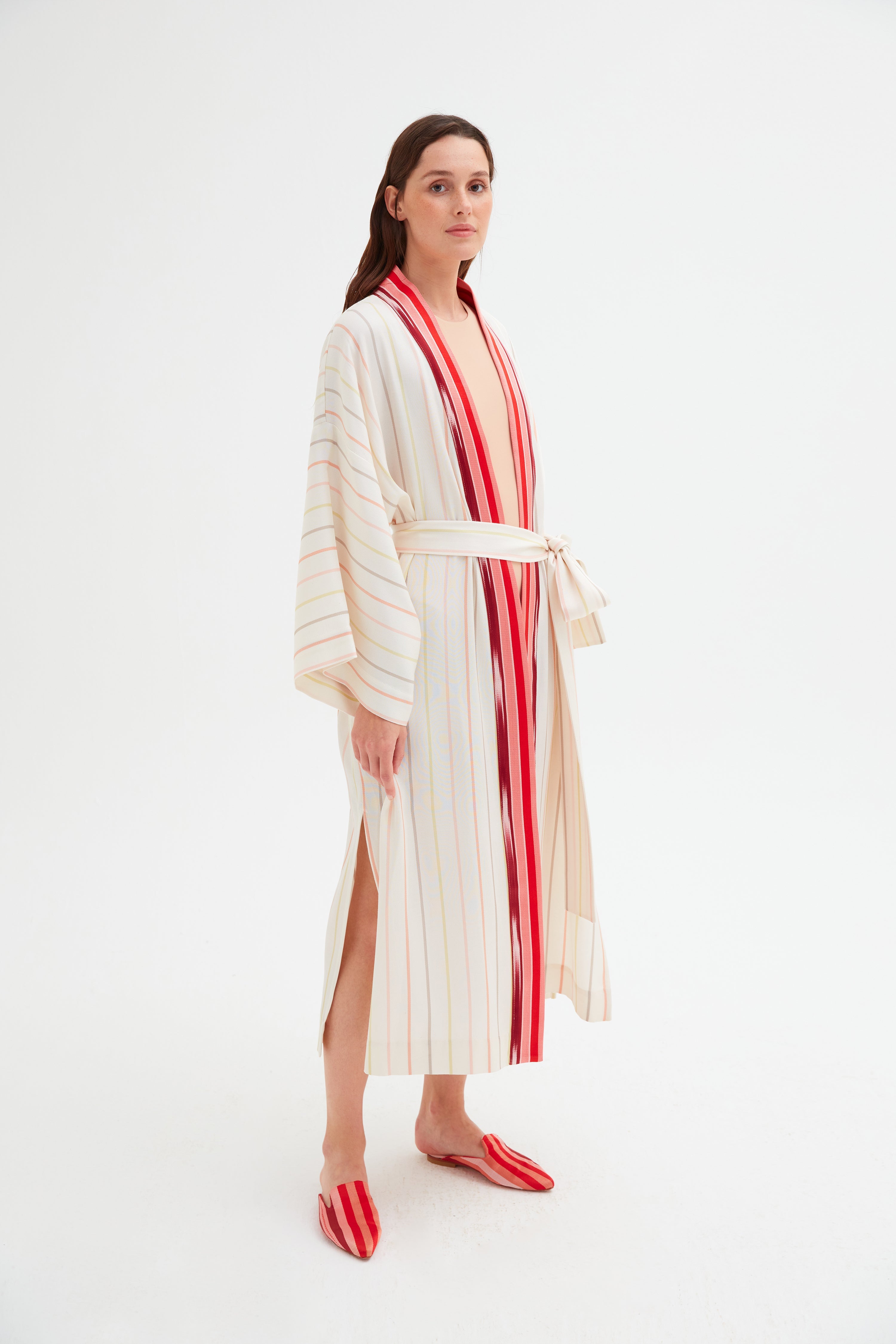 Klasik Krem Çizgili Kimono