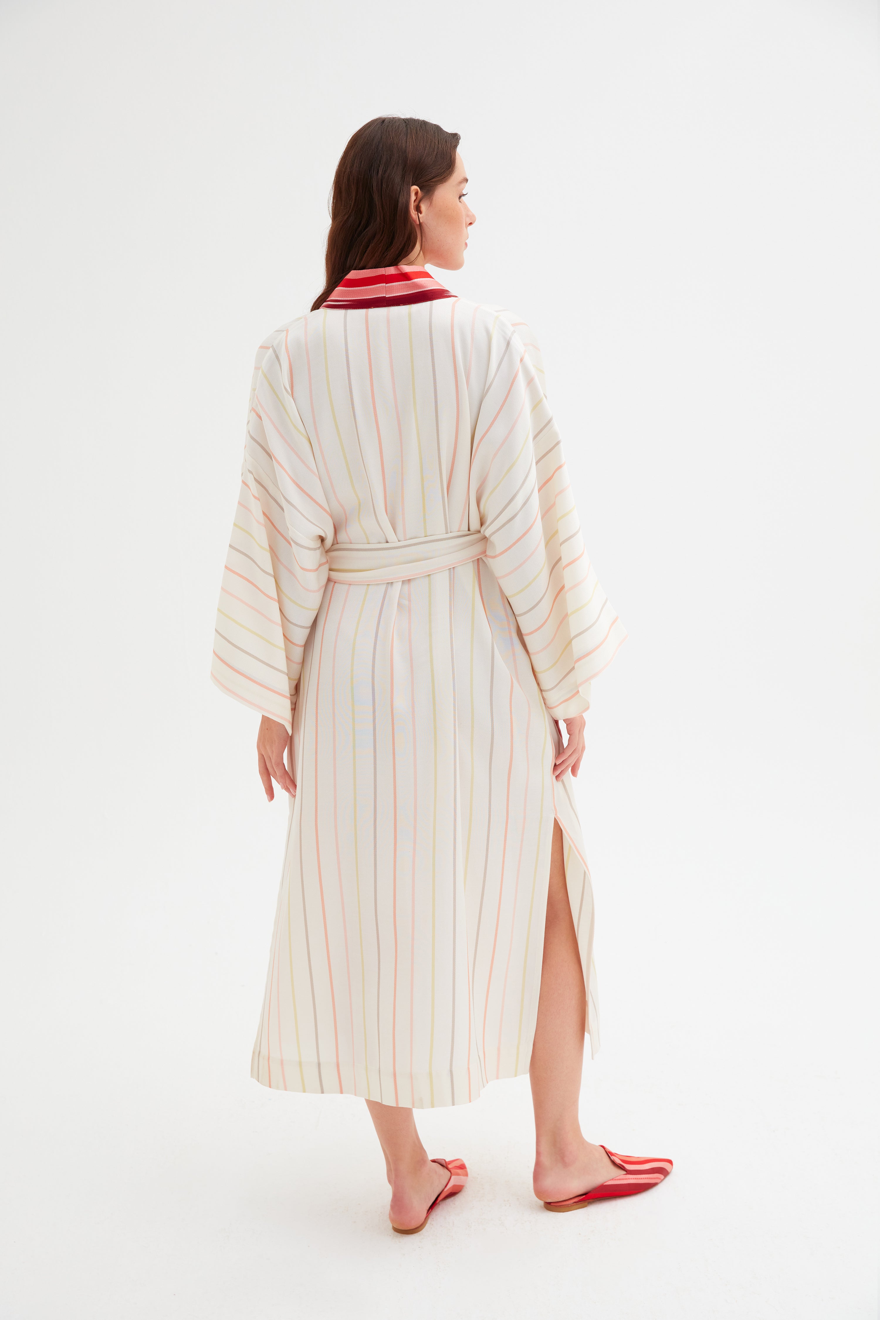 Klasik Krem Çizgili Kimono