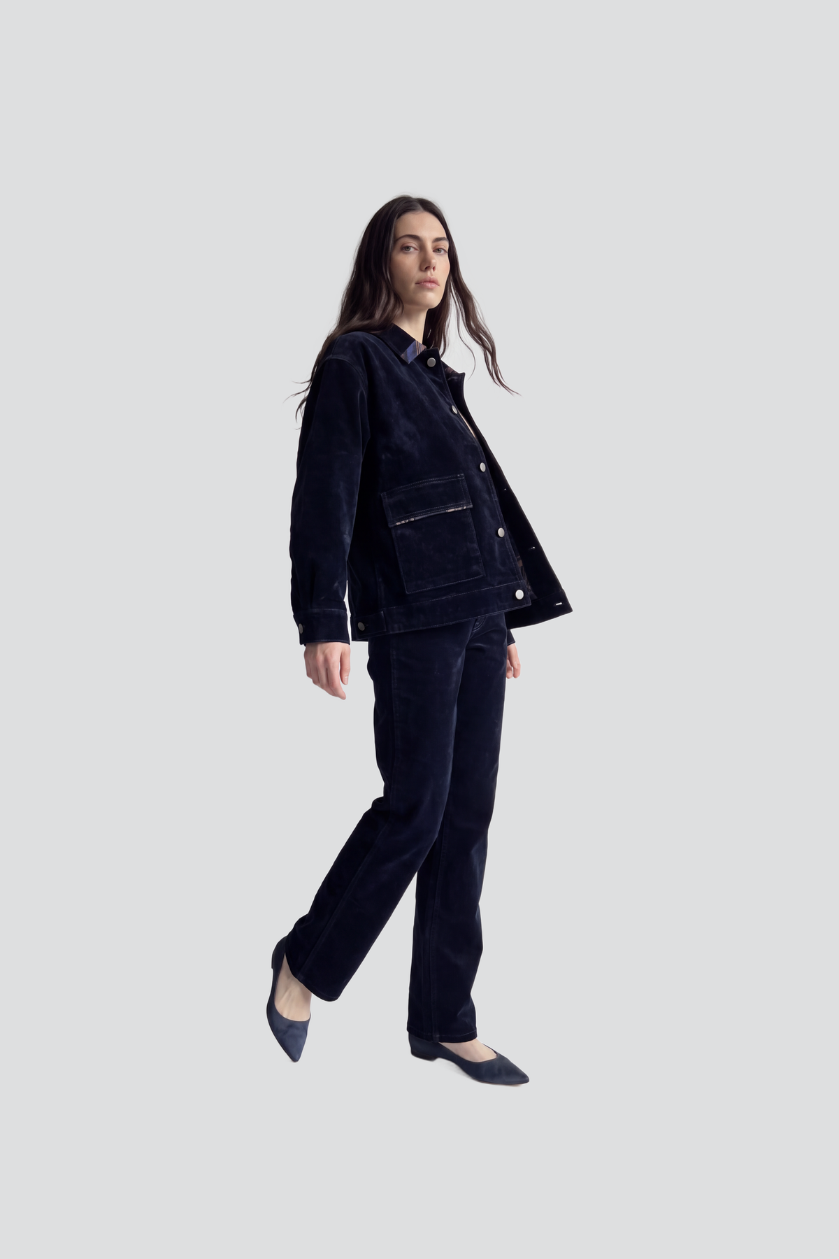 Kutnu Yaka Detaylı Oversize Süet Denim Ceket