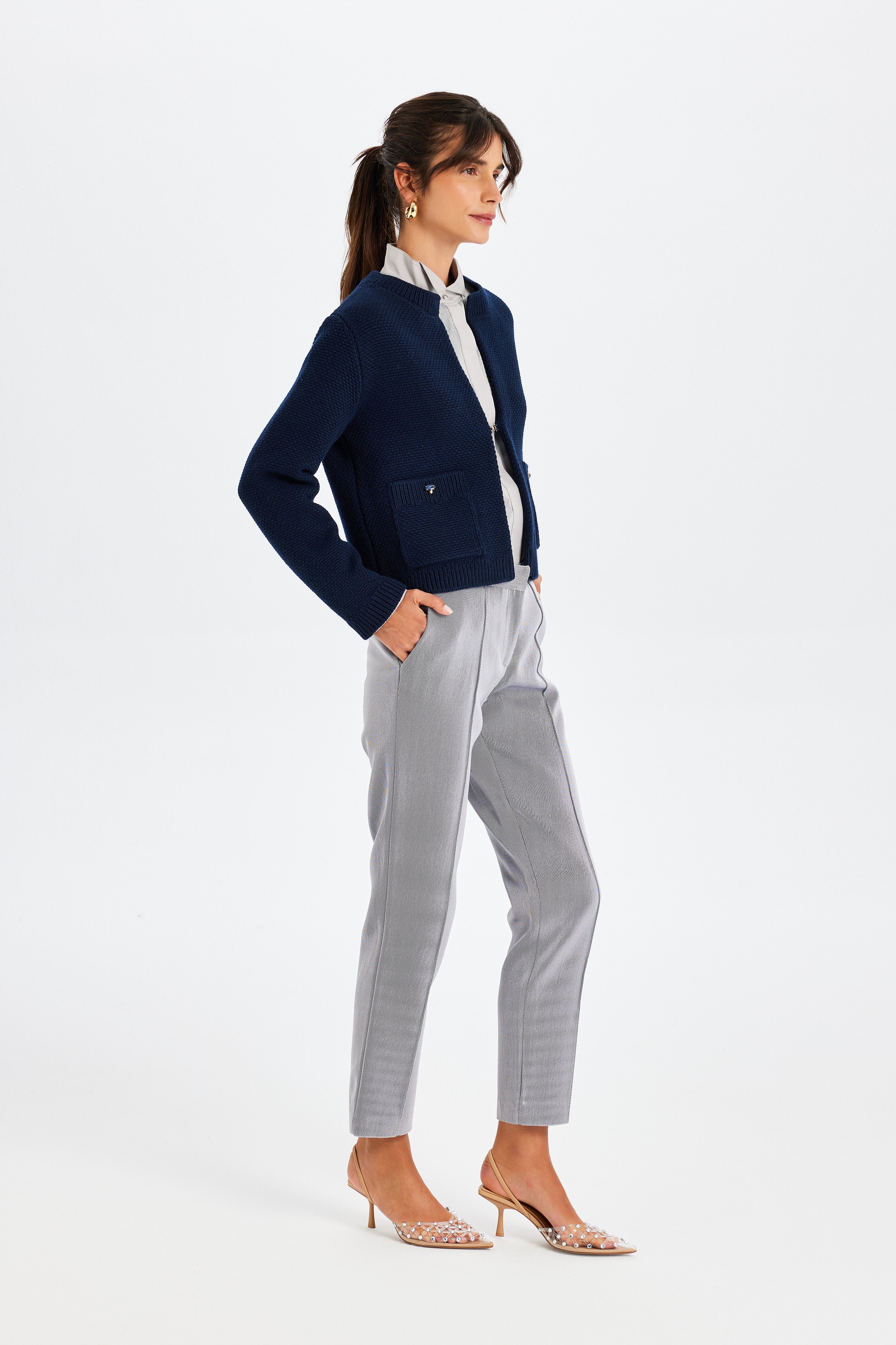 Navy Blue Knitted Jacket with Stone Embellishments