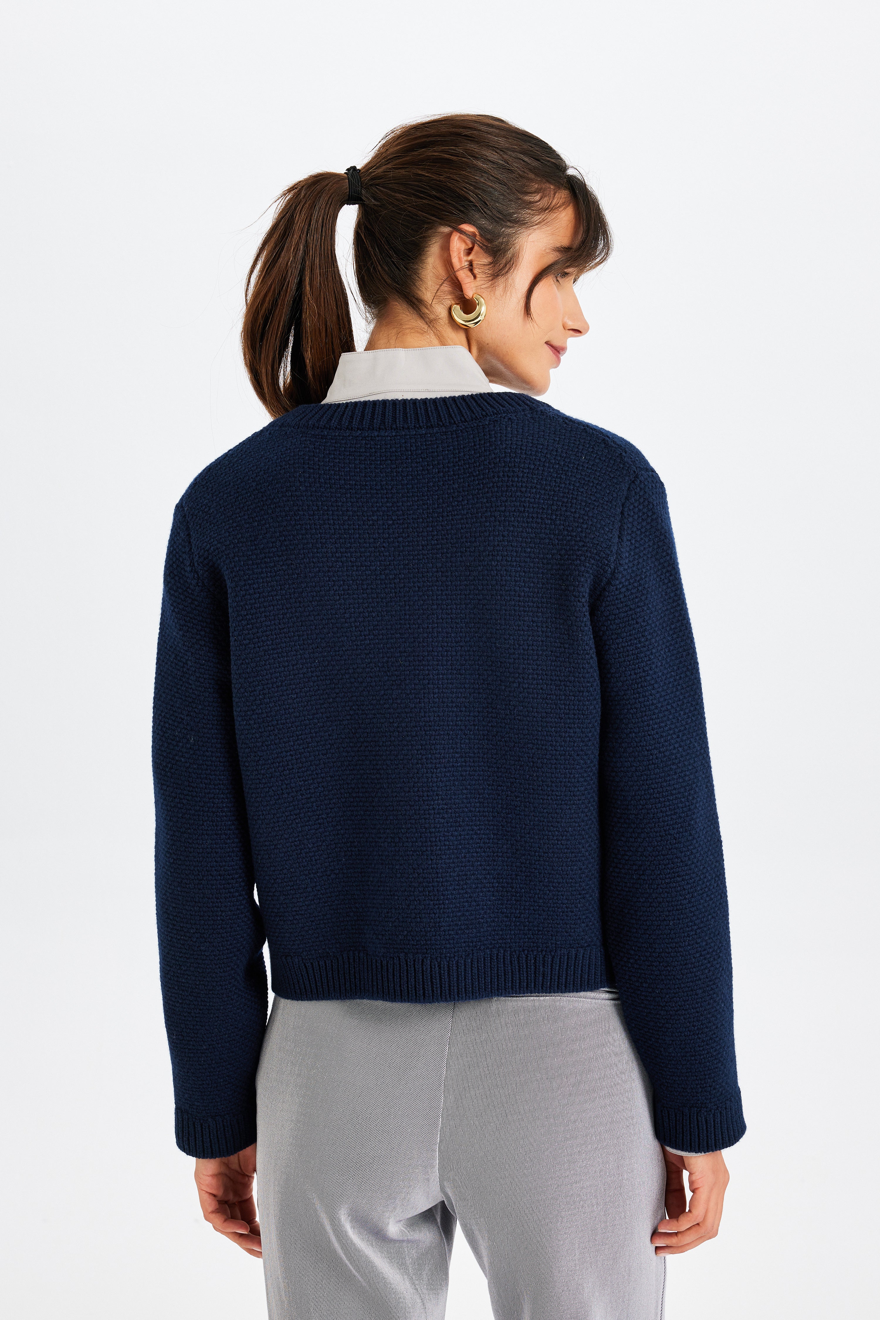 Navy Blue Knitted Jacket with Stone Embellishments