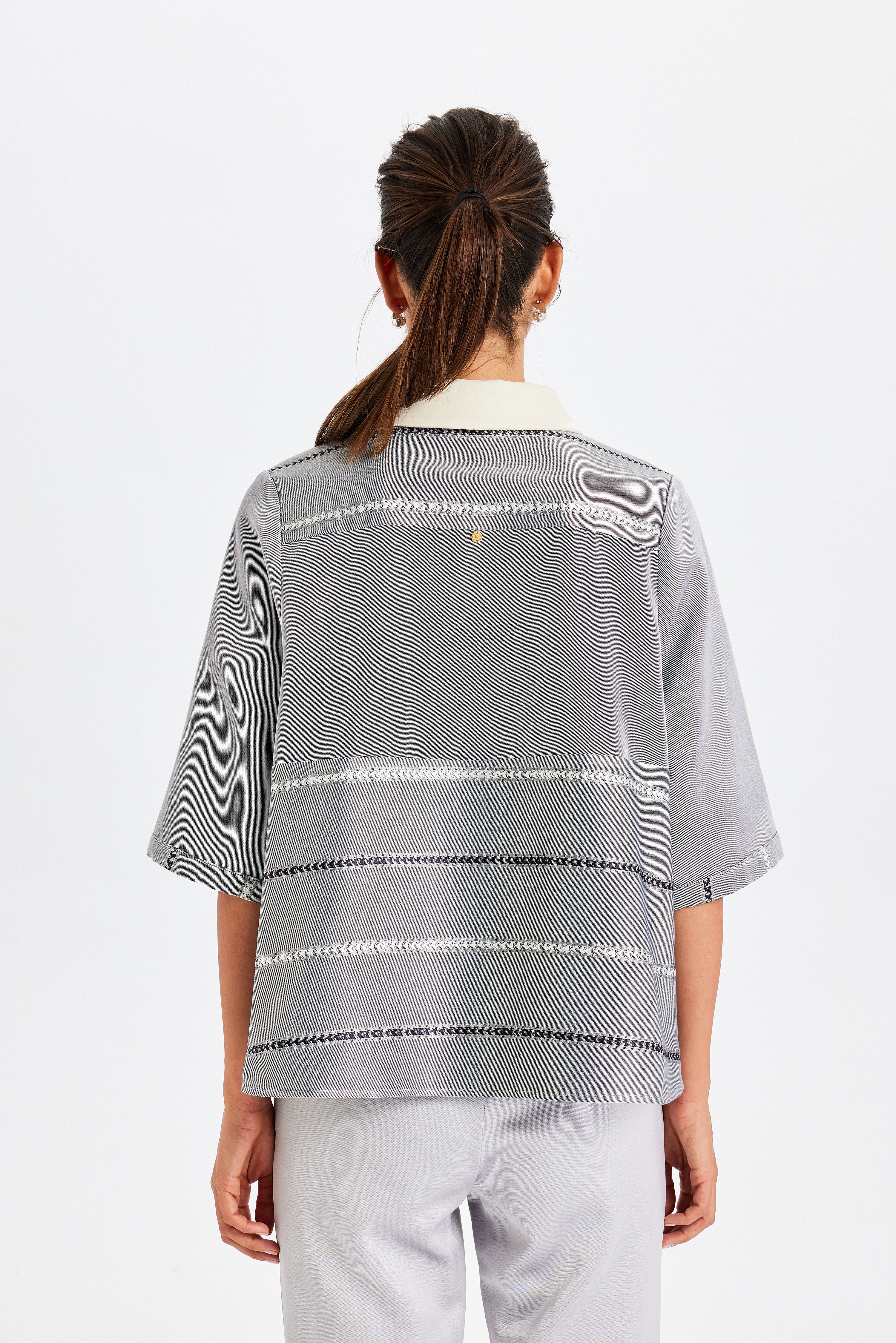 Grey Kutnu Blouse with Velvet Details and Polo Collar