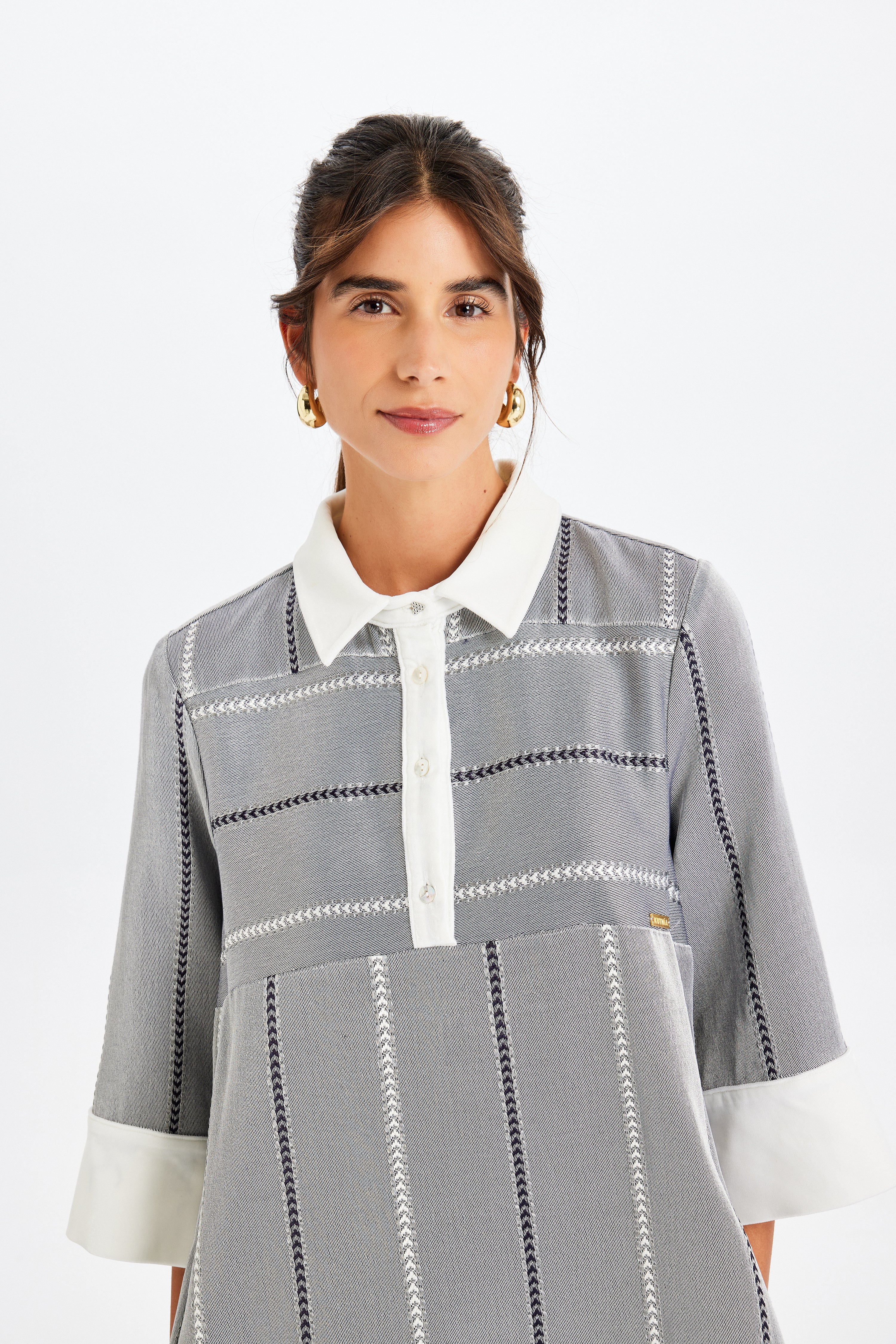 Velvet Detail Polo Collar Kutnu Grey Dress