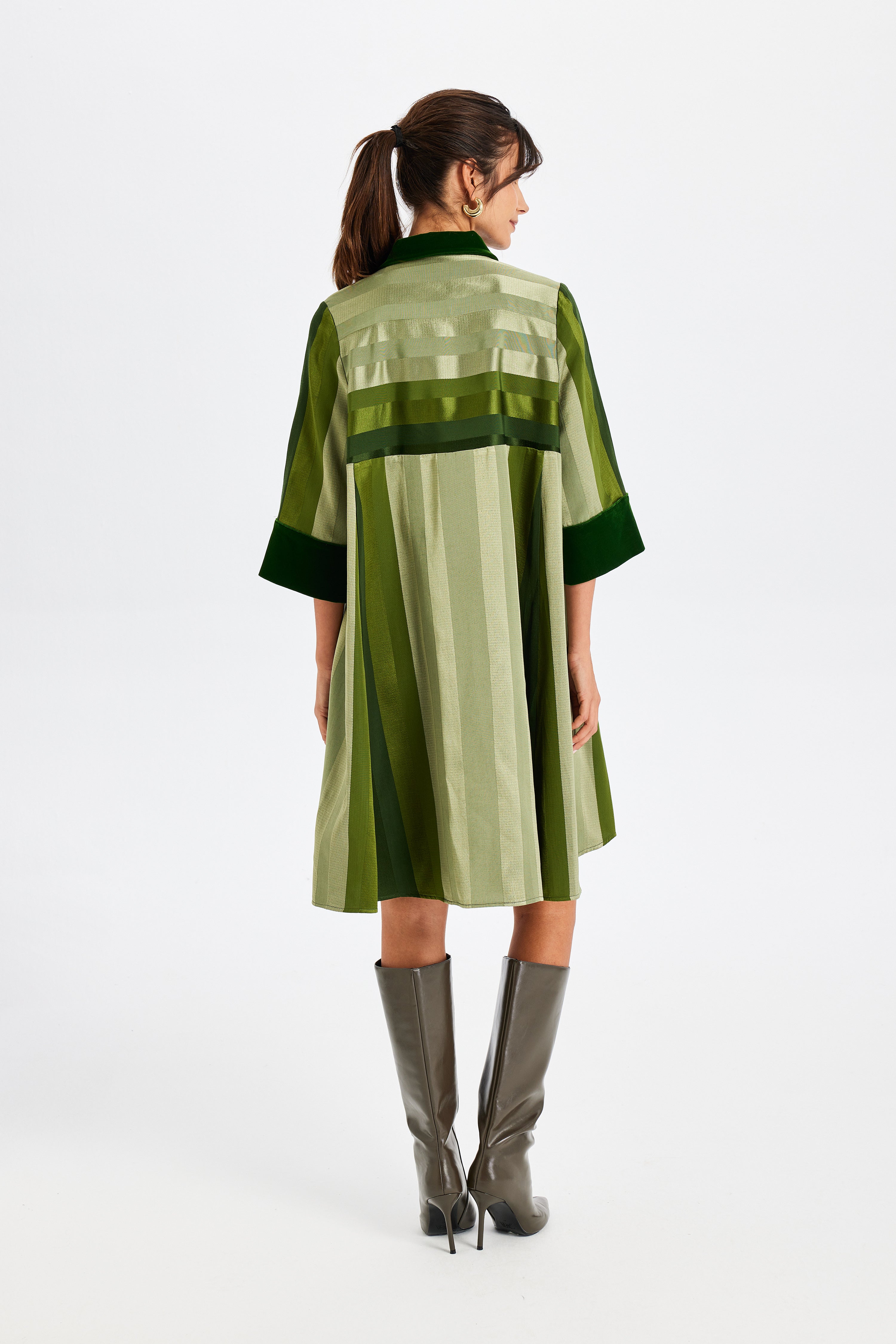 Green Polo Collar Dress with Velvet Details