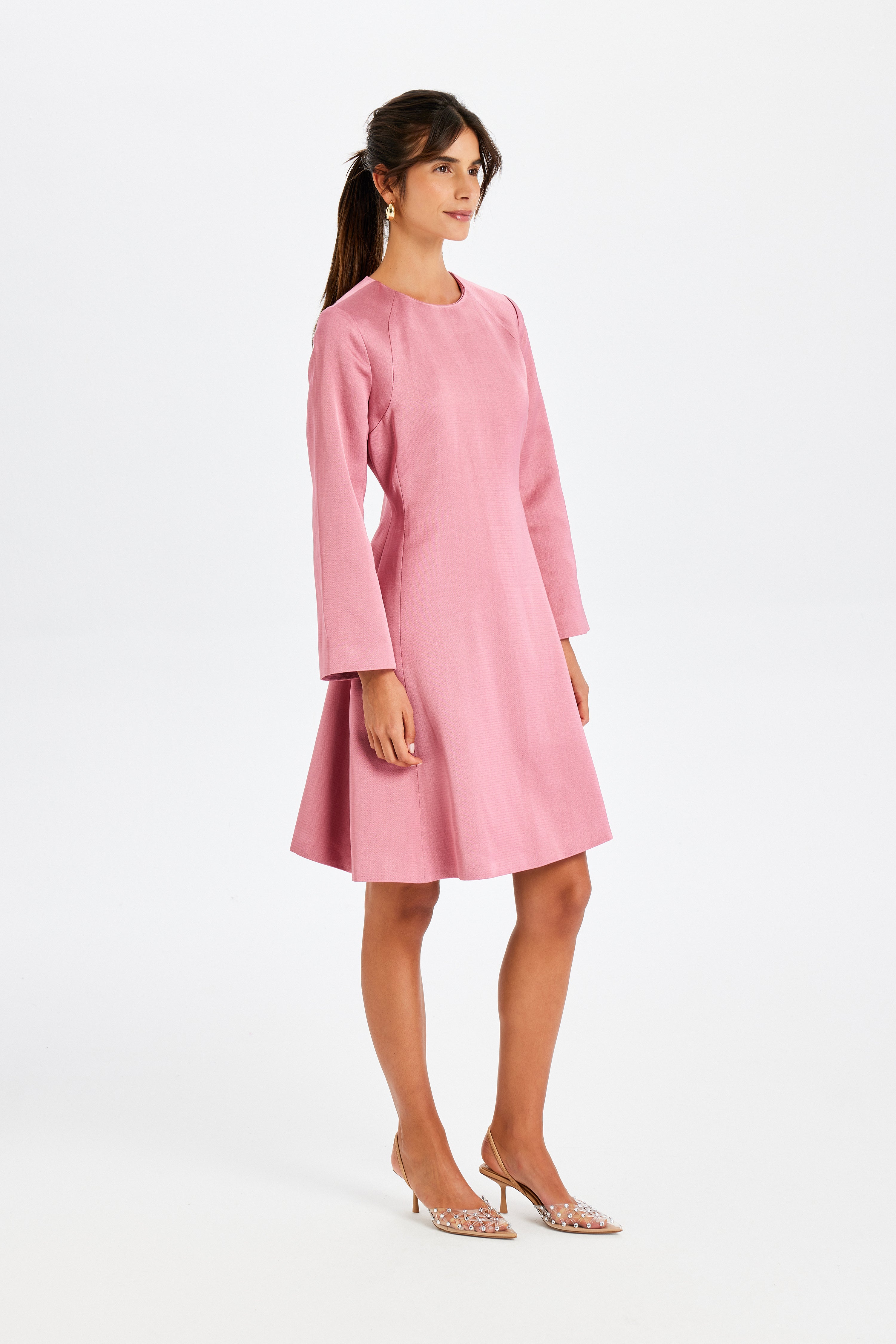 Kutnu Uzun Kollu Mini Koyu Pembe Elbise