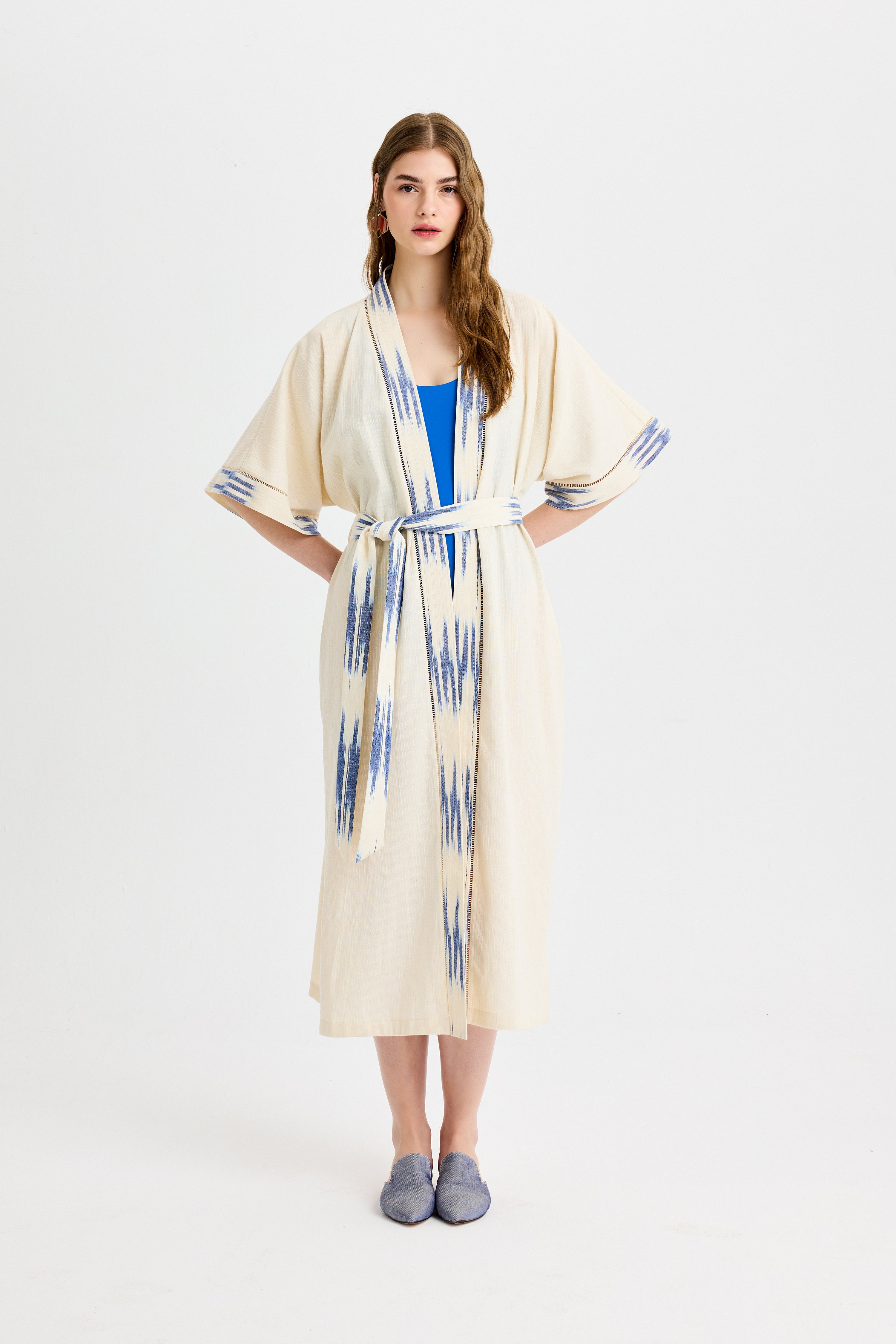 Mavi Bağlama Detaylı Uzun Peştemal Kimono