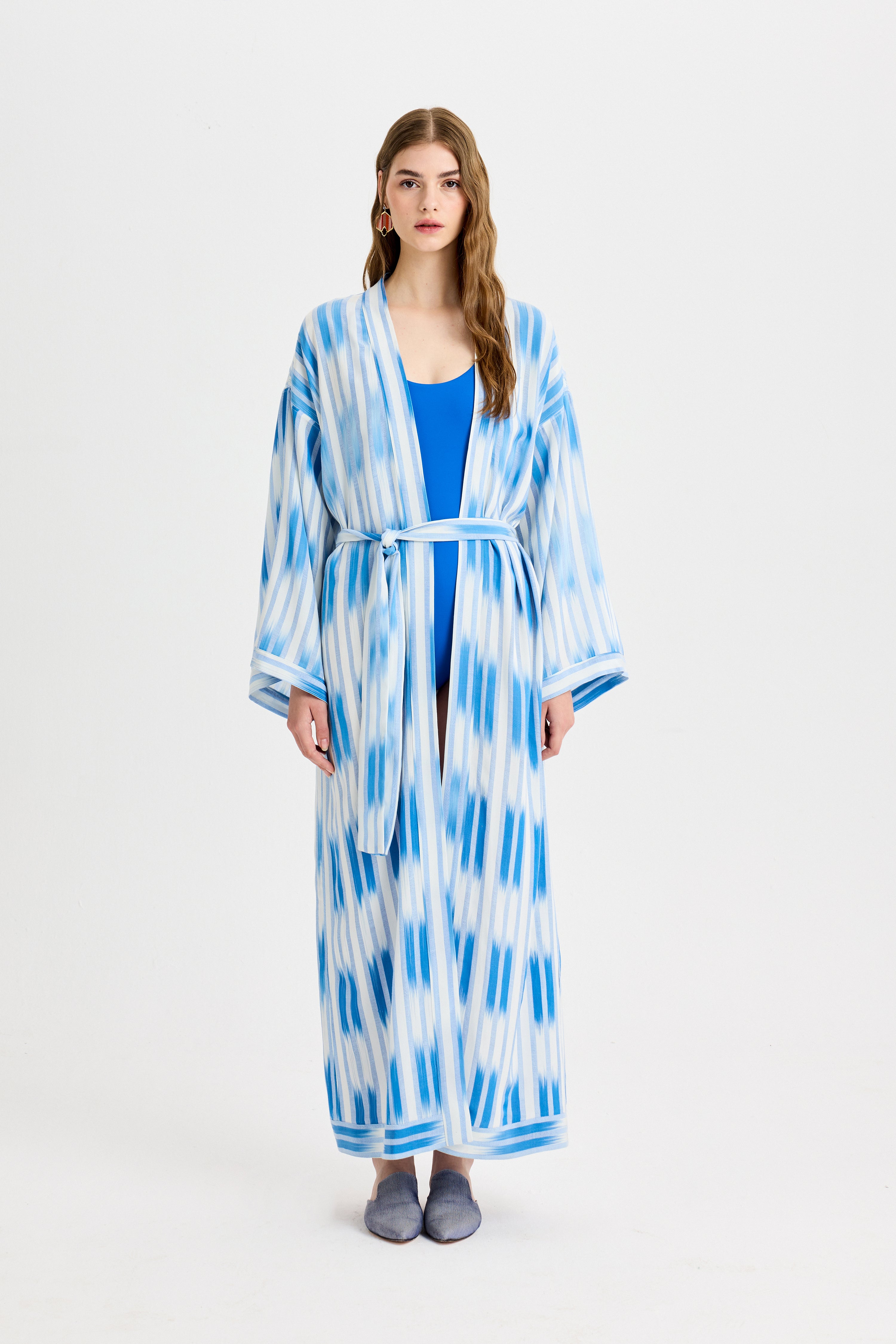 Mavi Bağlama Detaylı Kutnu Kimono