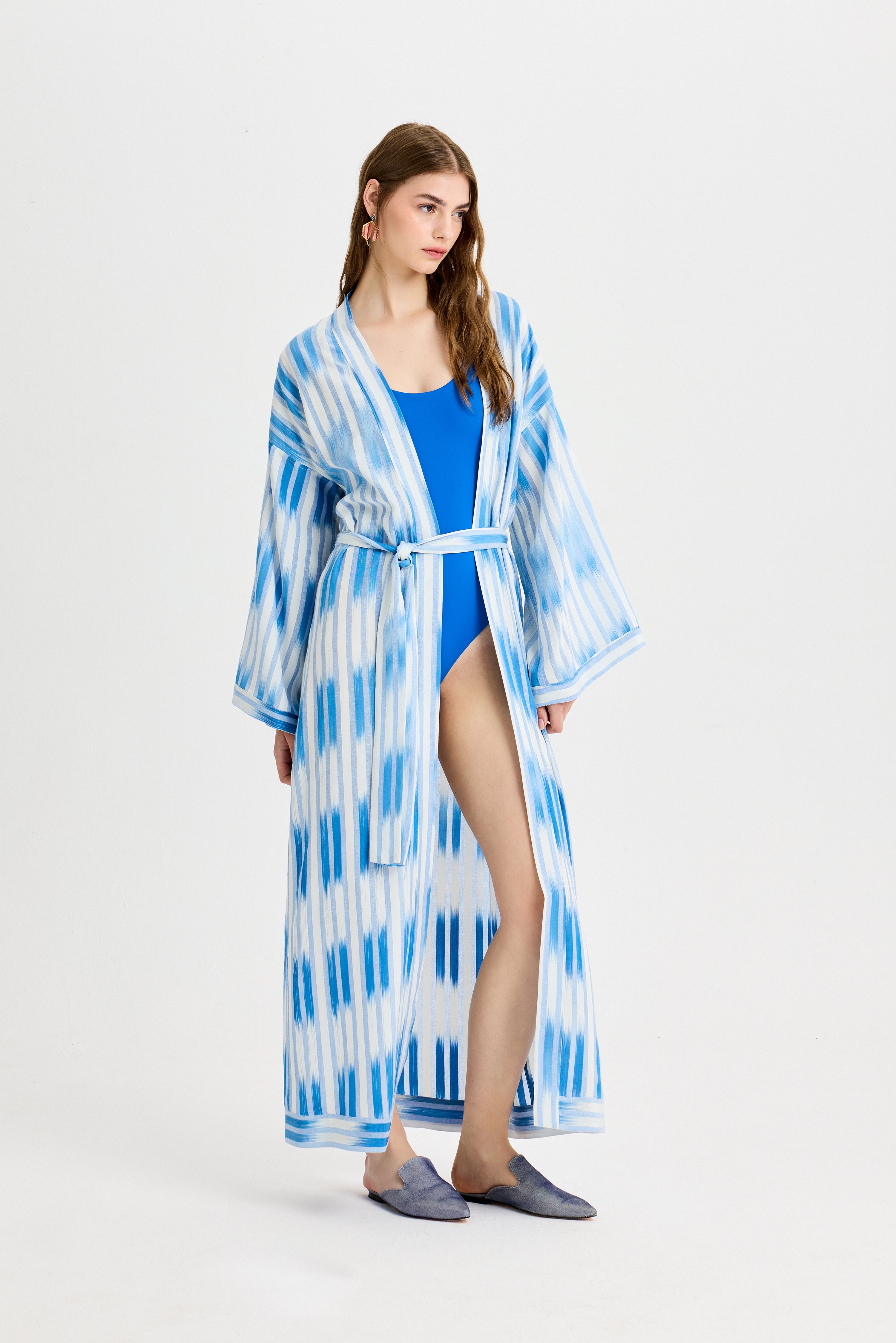 Mavi Bağlama Detaylı Kutnu Kimono