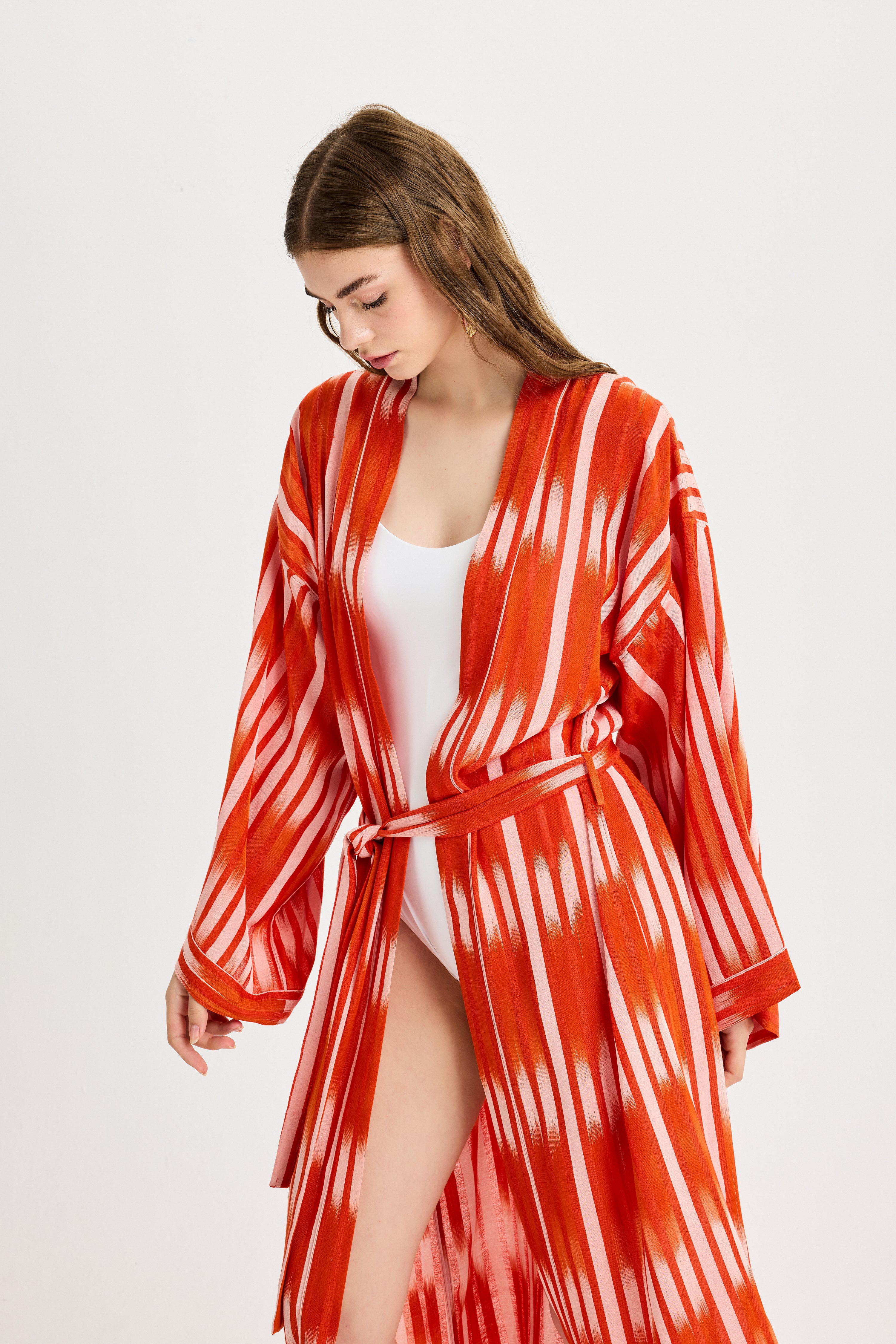 Turuncu Bağlama Detaylı Kutnu Kimono