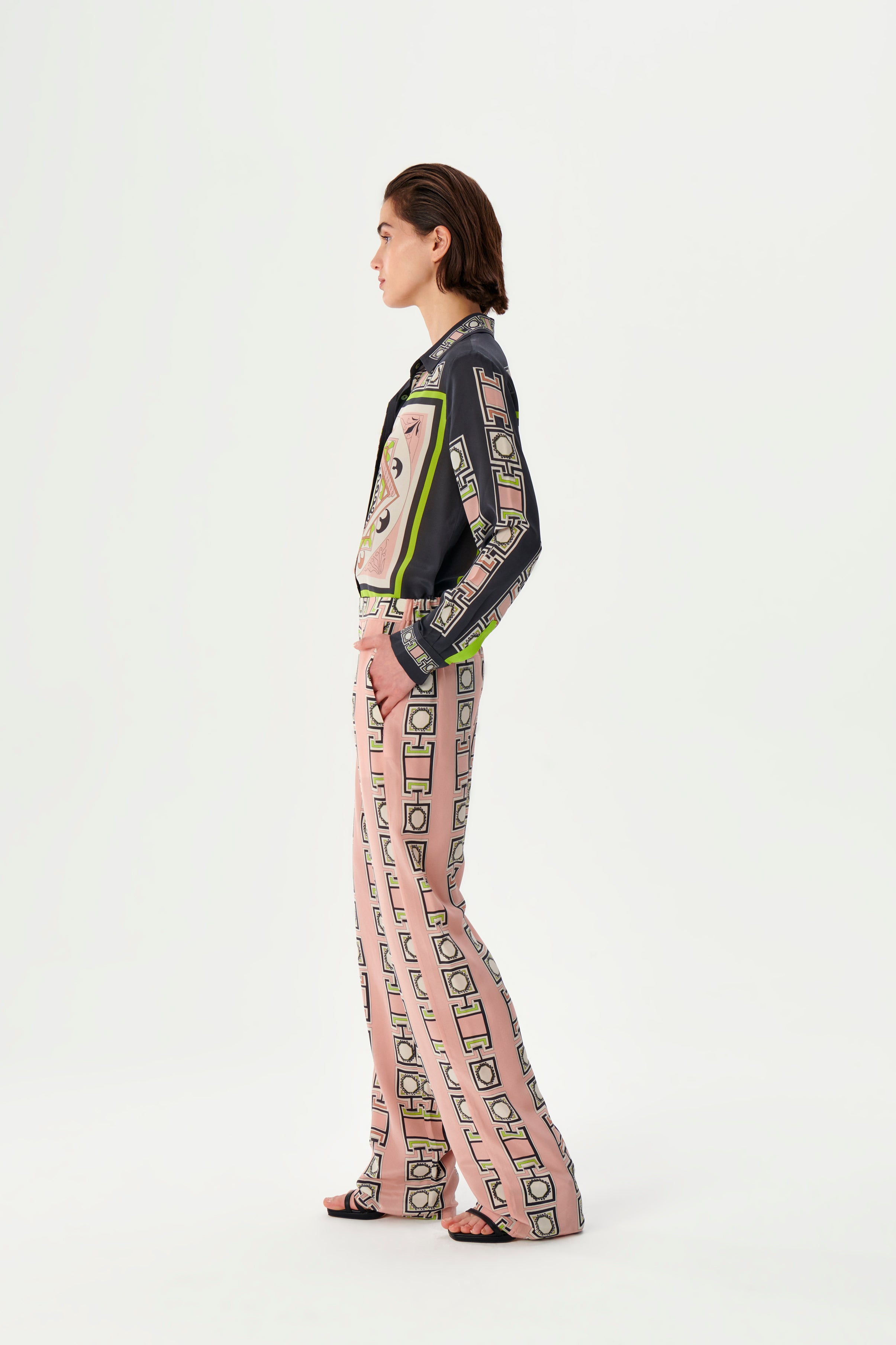 Zeugma Silk Pants-Pink Black Geometric