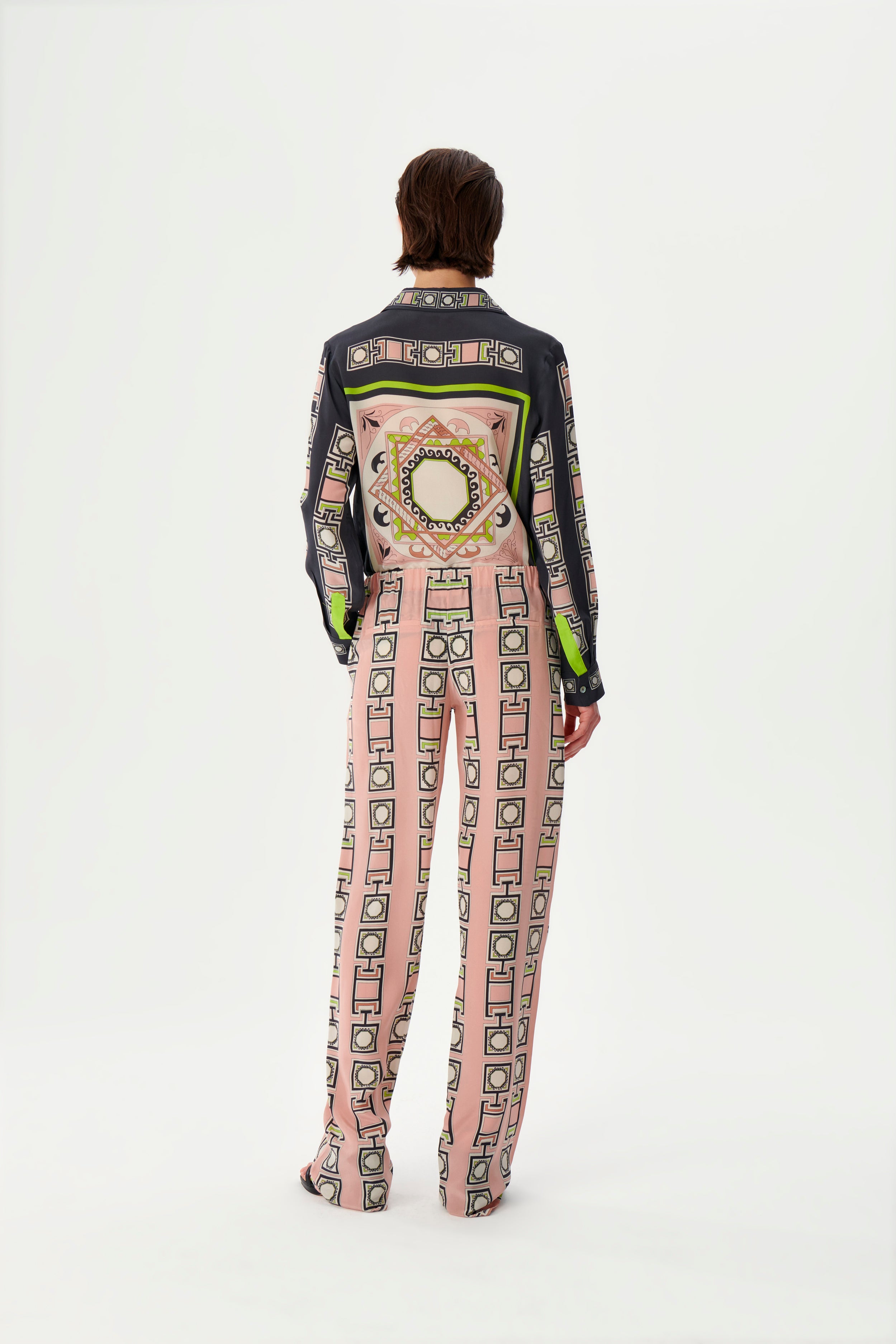 Zeugma Silk Pants-Pink Black Geometric