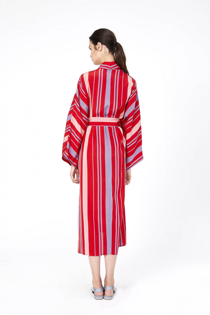 Şal Yaka Mavi Kırmızı Çizgili Kimono