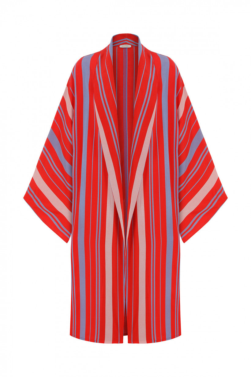 Şal Yaka Mavi Kırmızı Çizgili Kimono