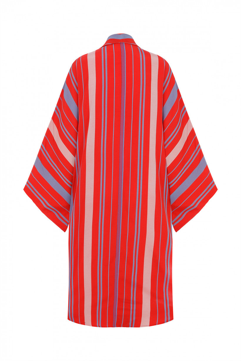 Şal Yaka Mavi Kırmızı Çizgili Kimono