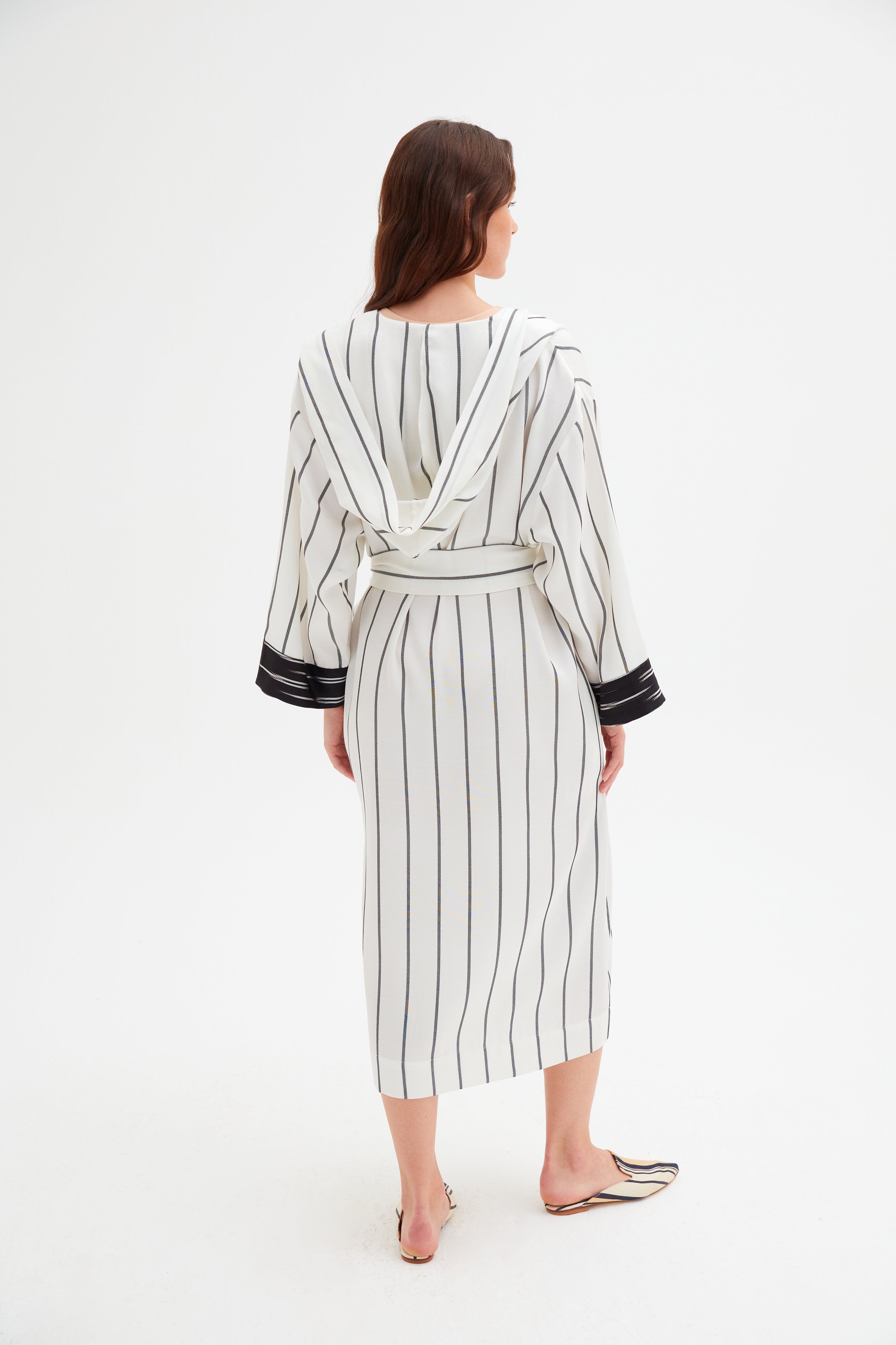 Hooded Black and White Striped Kimono