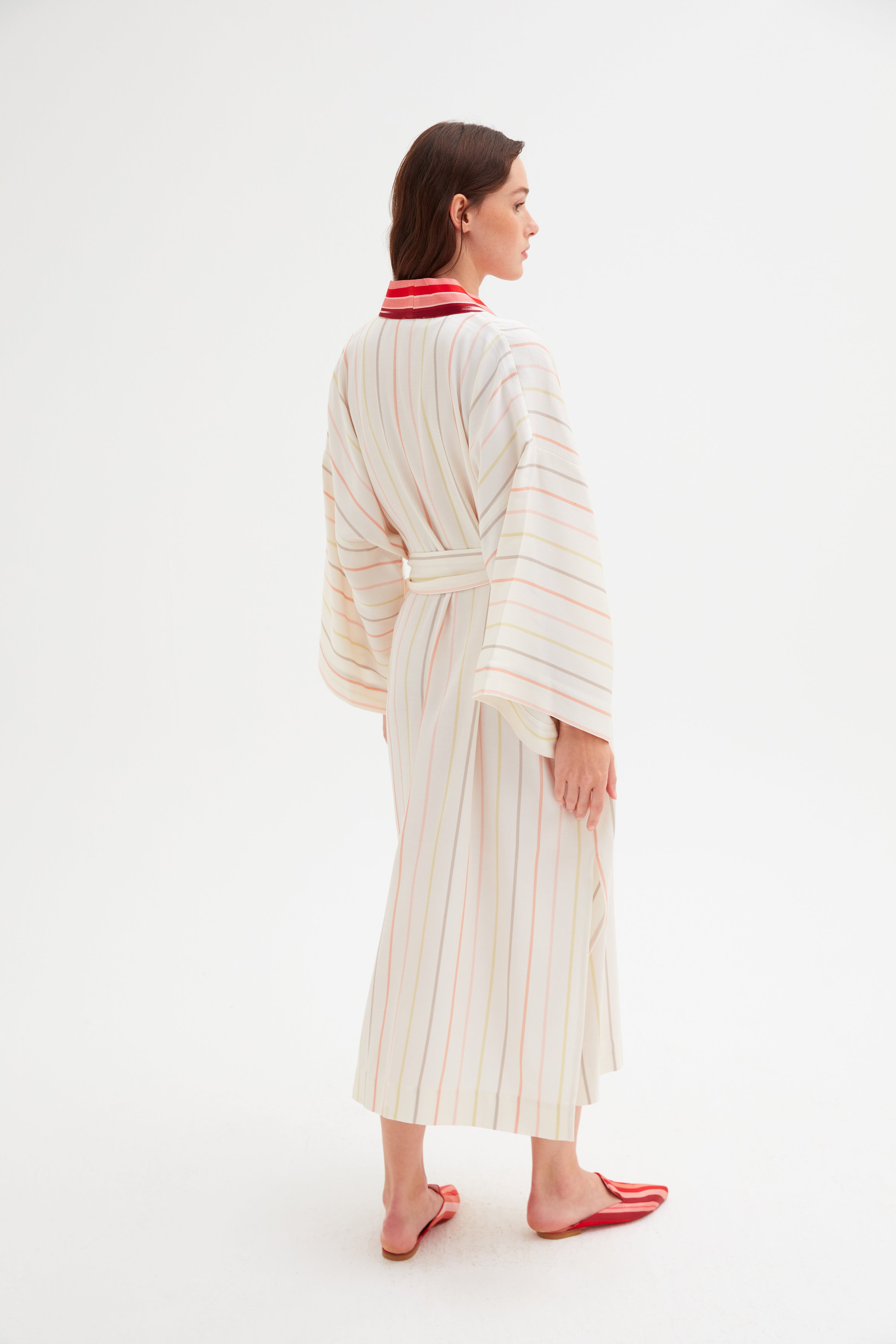 Klasik Krem Çizgili Kimono