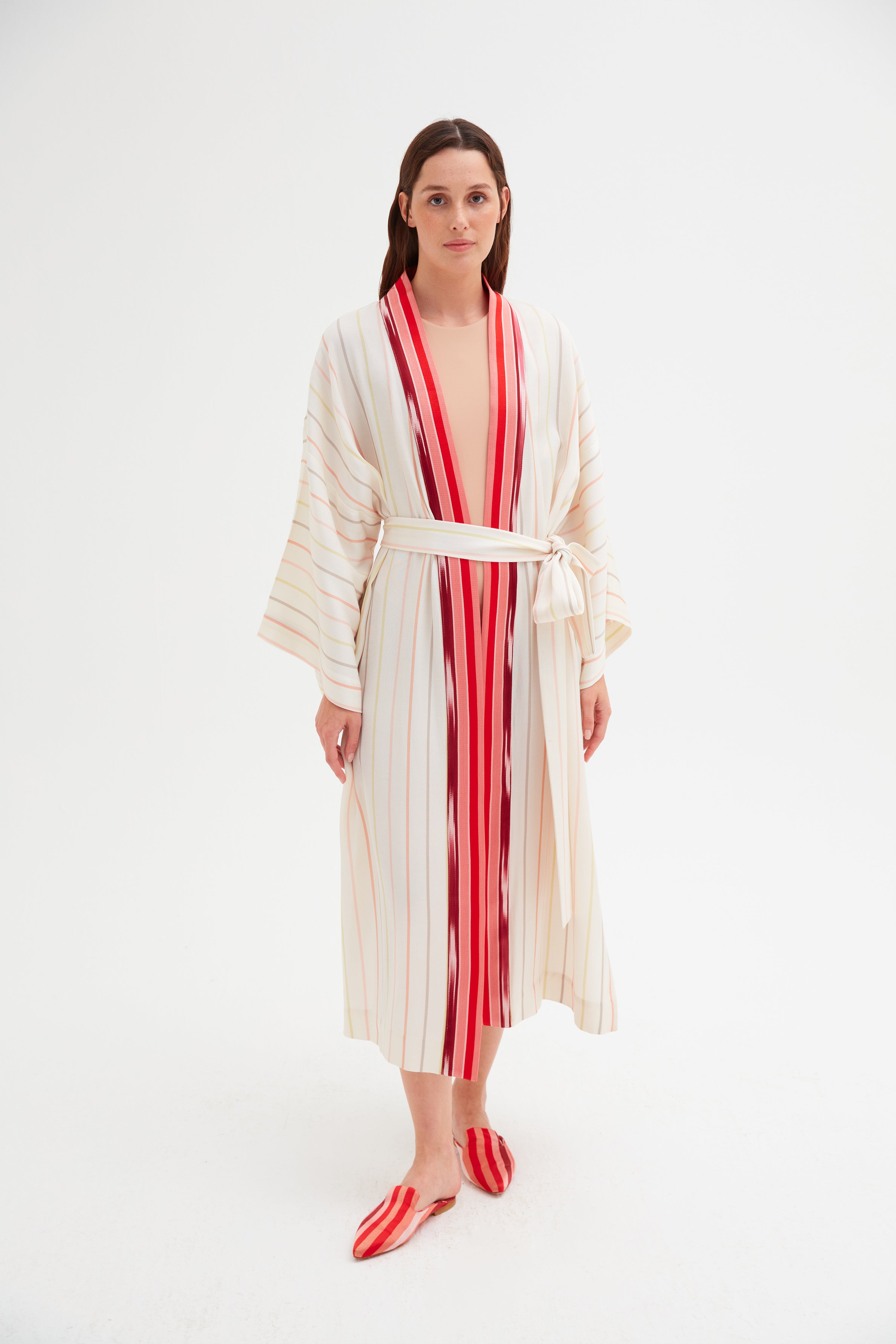 Klasik Krem Çizgili Kimono