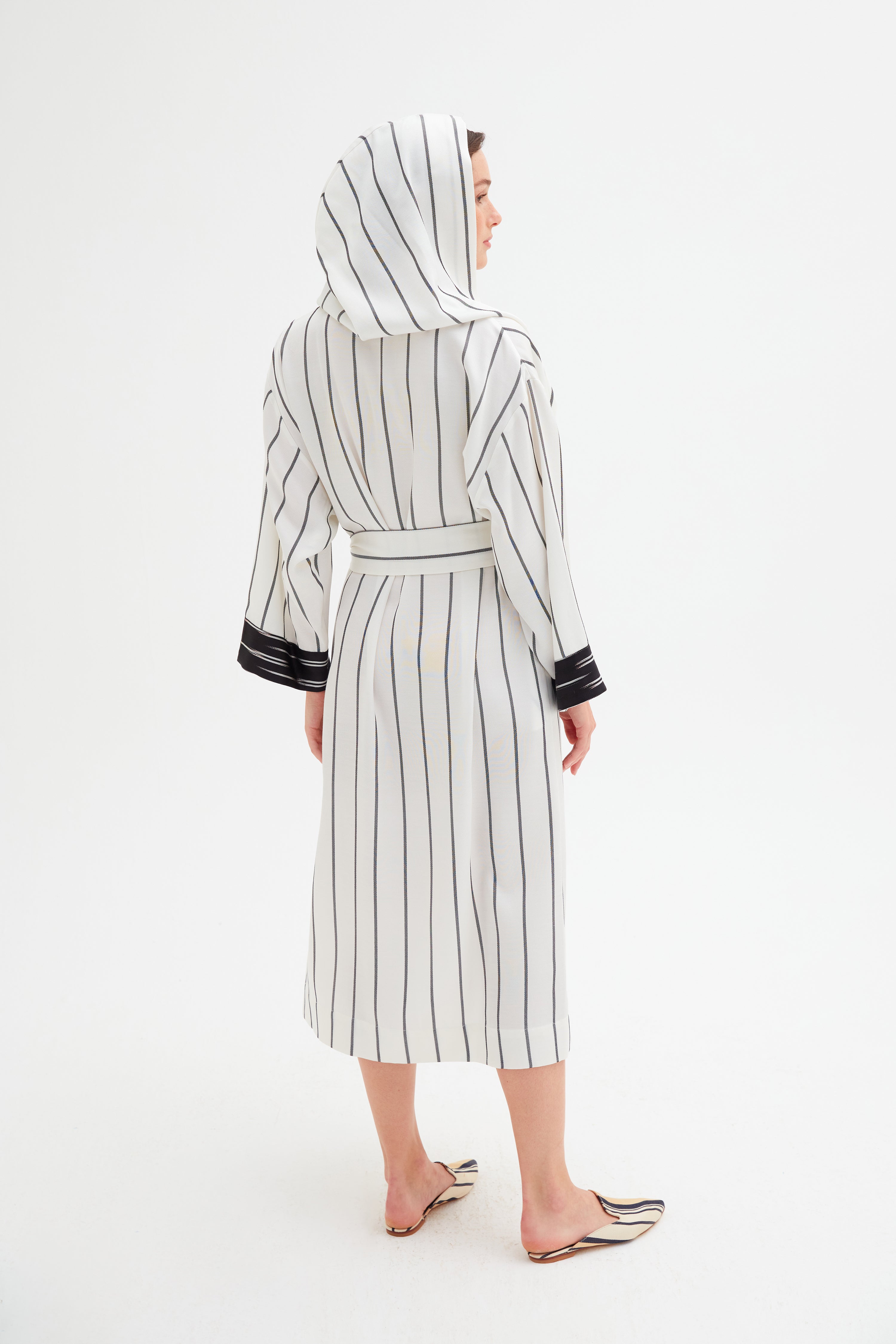 Hooded Black and White Striped Kimono