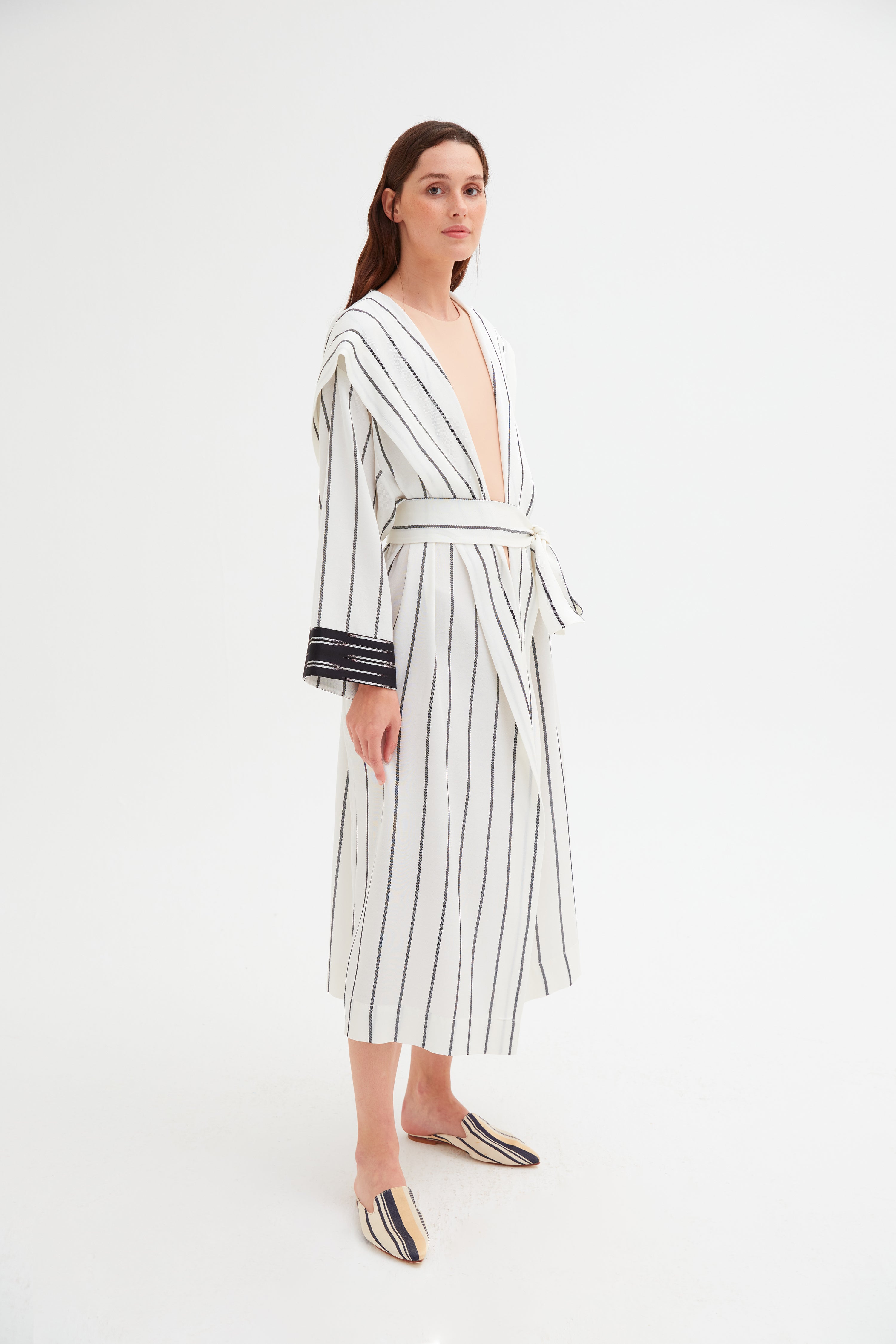 Hooded Black and White Striped Kimono