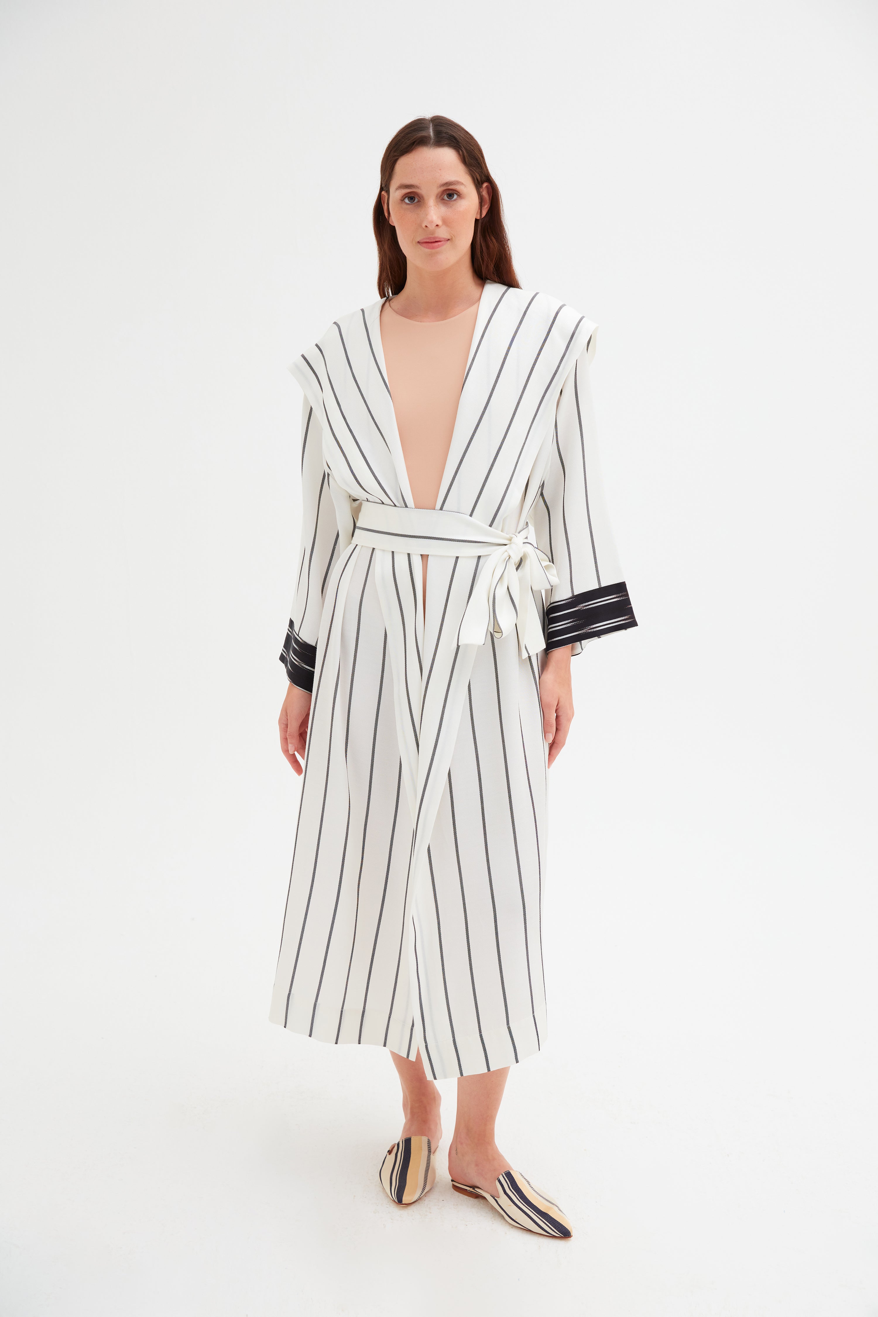 Hooded Black and White Striped Kimono
